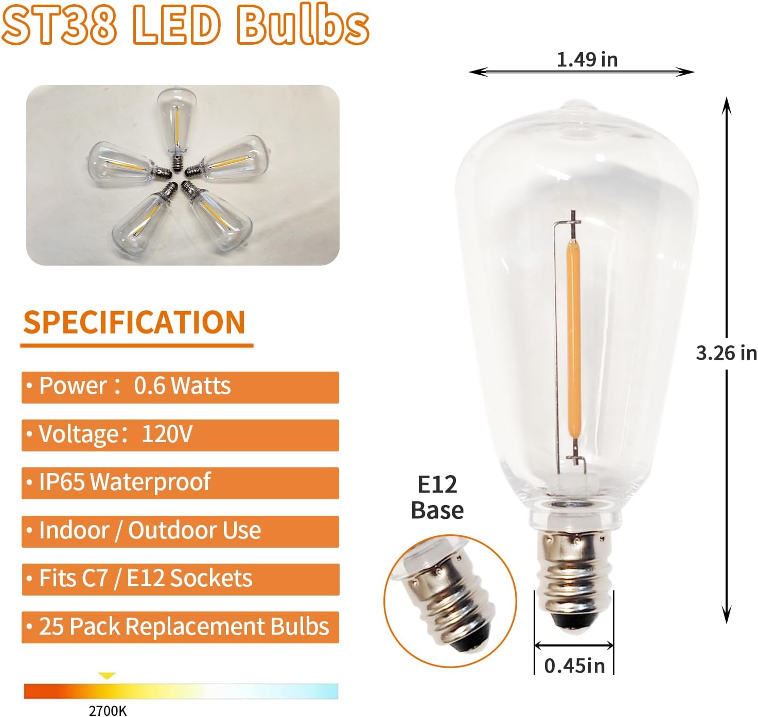 ST38 Replacement Bulbs 25 Pack, Shatterproof Waterproof IP65 LED Bulbs, E12 Candelabra Base, Dimmable Warm White 2700K, for Outdoor String Lights, Patio, Chandelier and Ceiling Fan