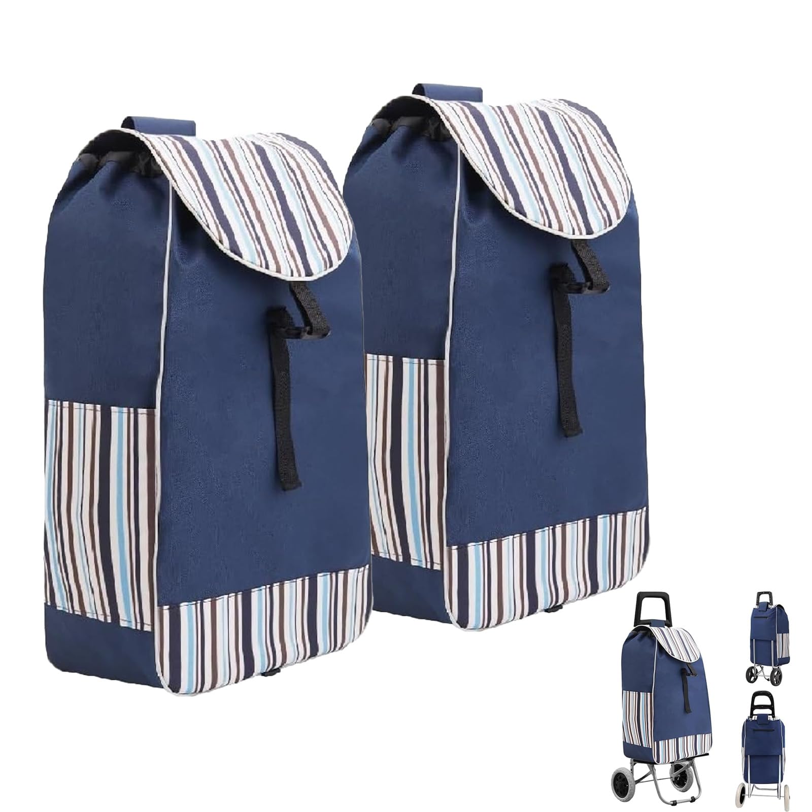 BREEZENEST Replacement Shopping Trolley Bag 33x20x57cm Oxford Fabric Reusable Cart Bag with Drawstring Side Pockets Fits Foldable Shopping Carts, Supermarkets, Groceries, Camping & Travel (2pcs)
