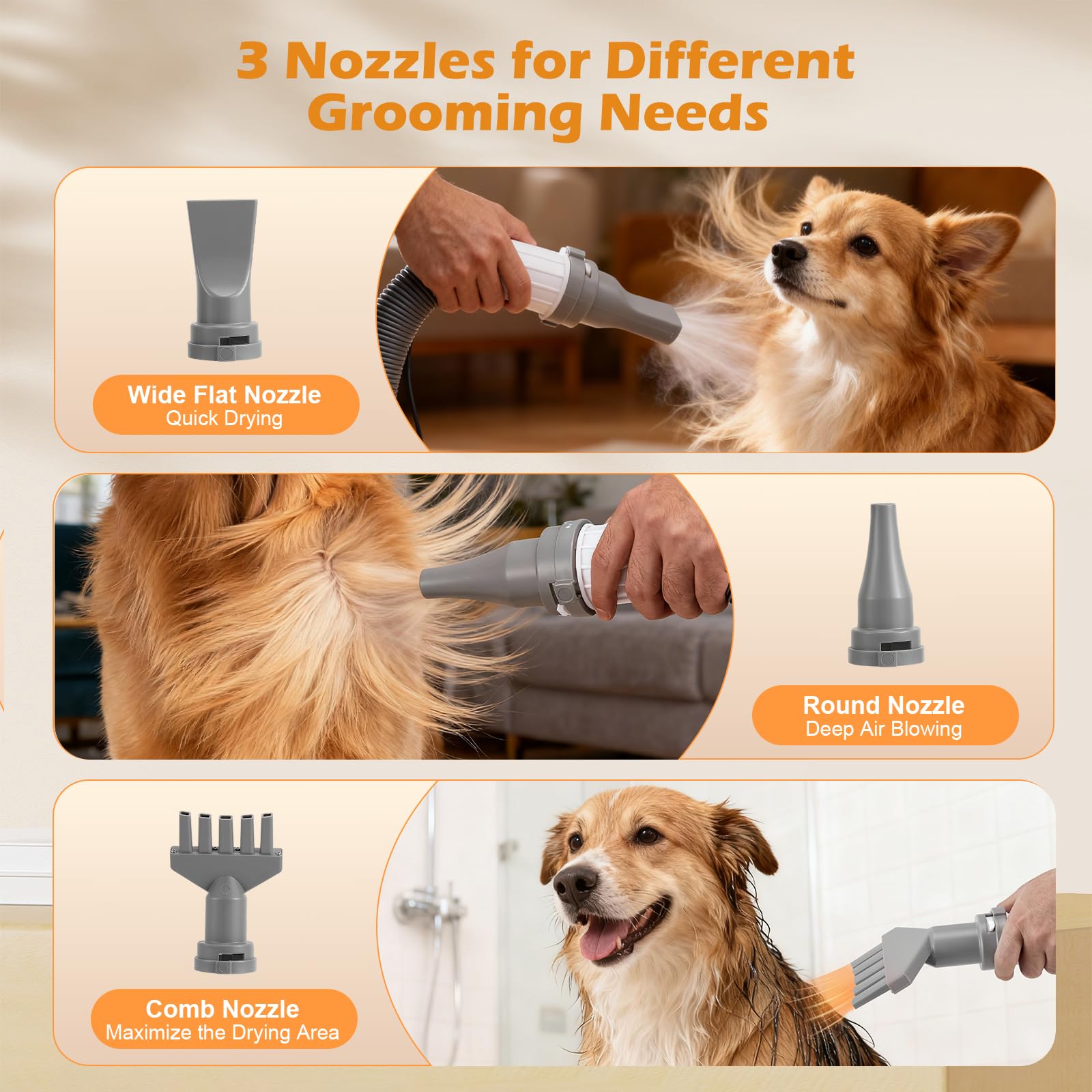Sèche-cheveux pour chien 2100 W, sèche-cheveux pour animaux de compagnie avec écran LED, 3 buses, 9 niveaux de vitesse et température réglables, sèche-cheveux puissant pour chiens et chats