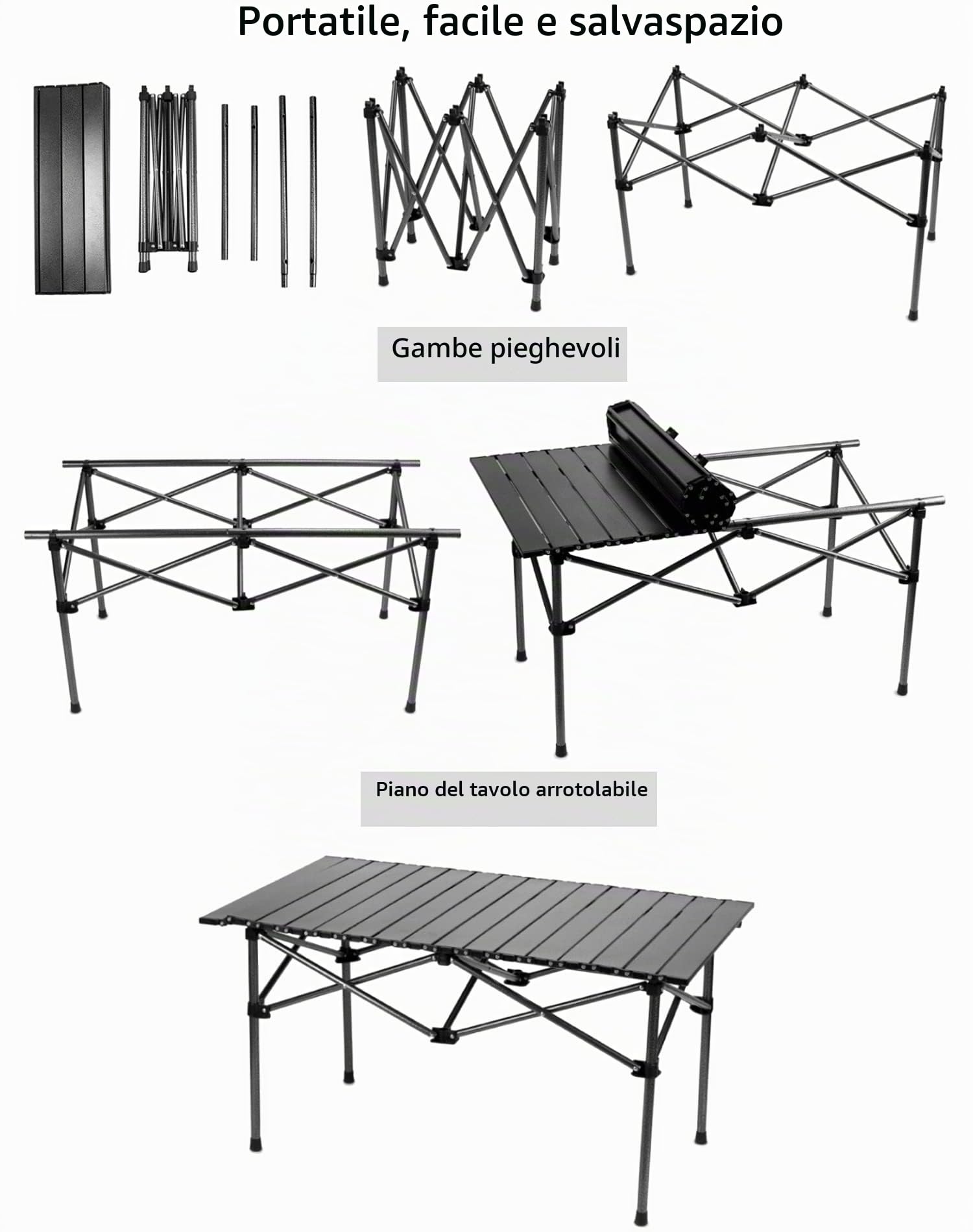 QWORK® Tavolo Pieghevole, Tavoli da campeggio pieghevoli, 95 * 55 * 50cm, Nero, Per barbecue, Viaggi, Pesca, Picnic