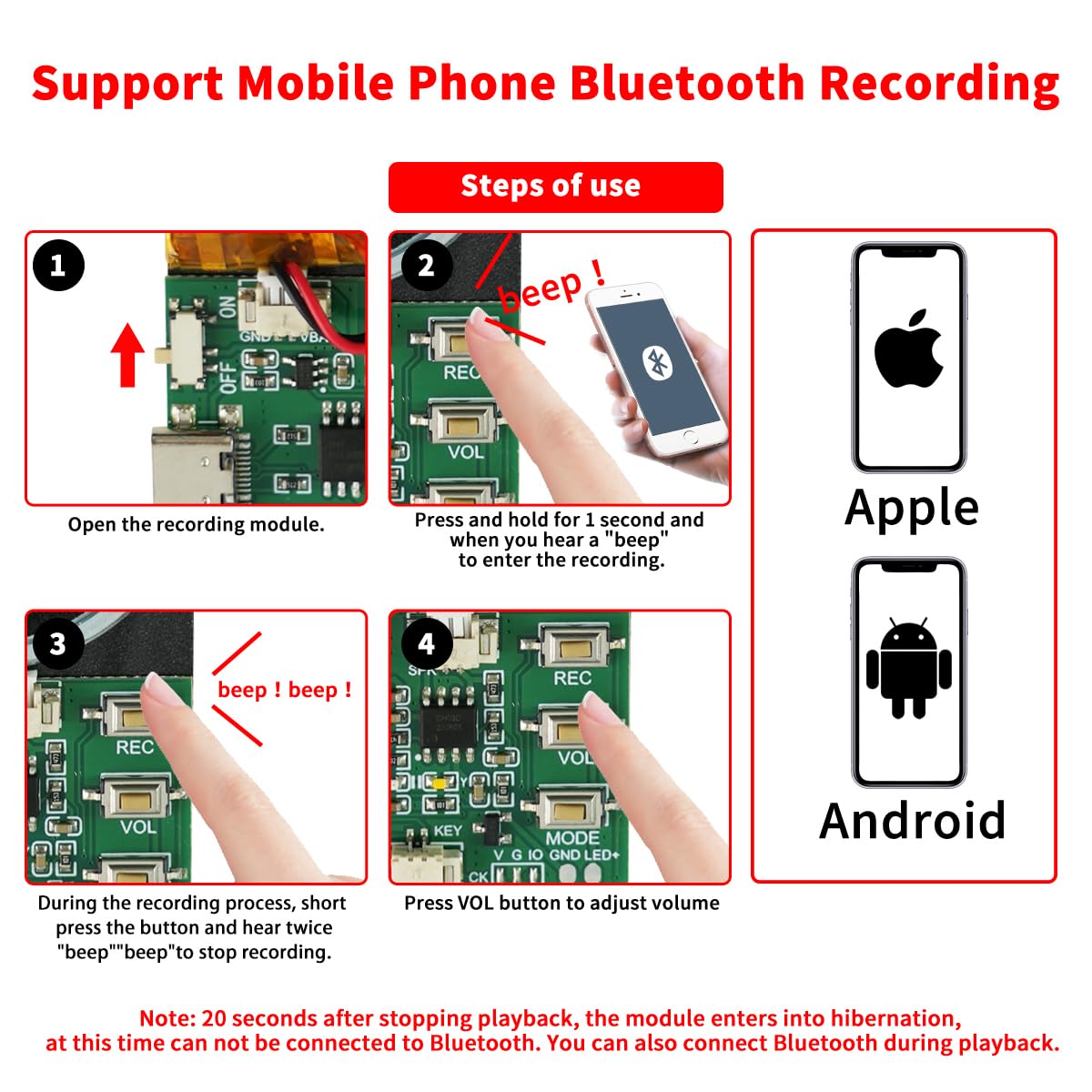 Modulo audio, supporto Bluetooth e microfono registrazione audio, chip vocali da 8 MB con altoparlante, chip di registrazione audio facile da 16 minuti per saluti personalizzati, progetti fai da te