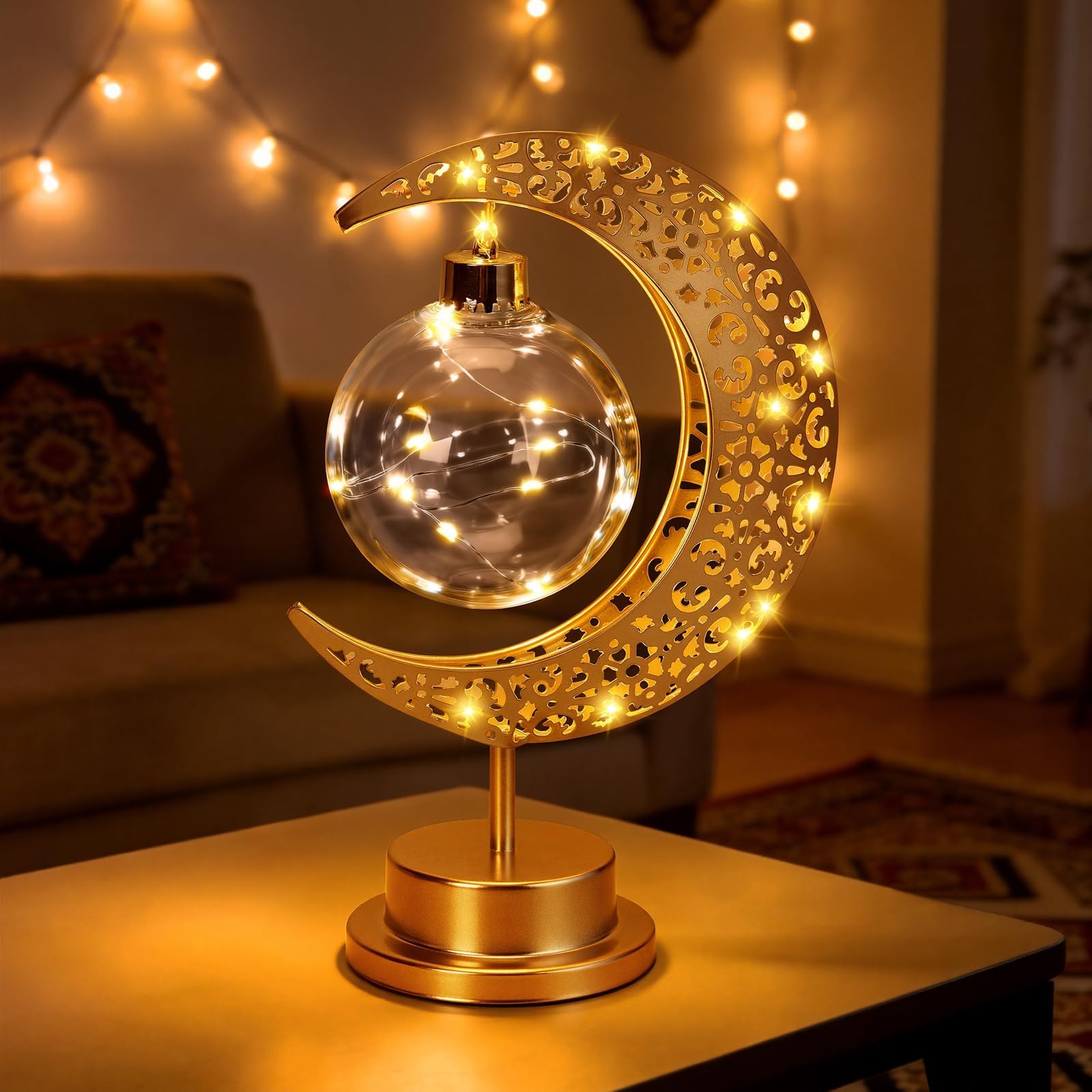 EHOTER Ramadan Moon Table Lamp Crescent Lamp Ramadan Decorations Half Moon Light Battery Operated Metal Ramadan Star Lamp Lunar Lamps Eid Decorations Bedside Moons Lamps for Home Bedroom (B)