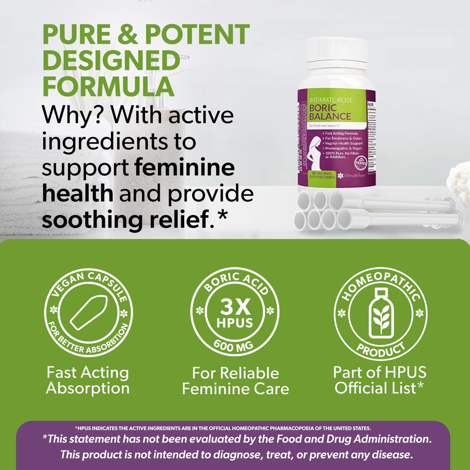 Intimate Rose Boric Acid Vaginal Suppositories - 30 Count (600mg) + 30 Applicators - Feminine Balance, Vaginal Odor, Promote Vaginal Health
