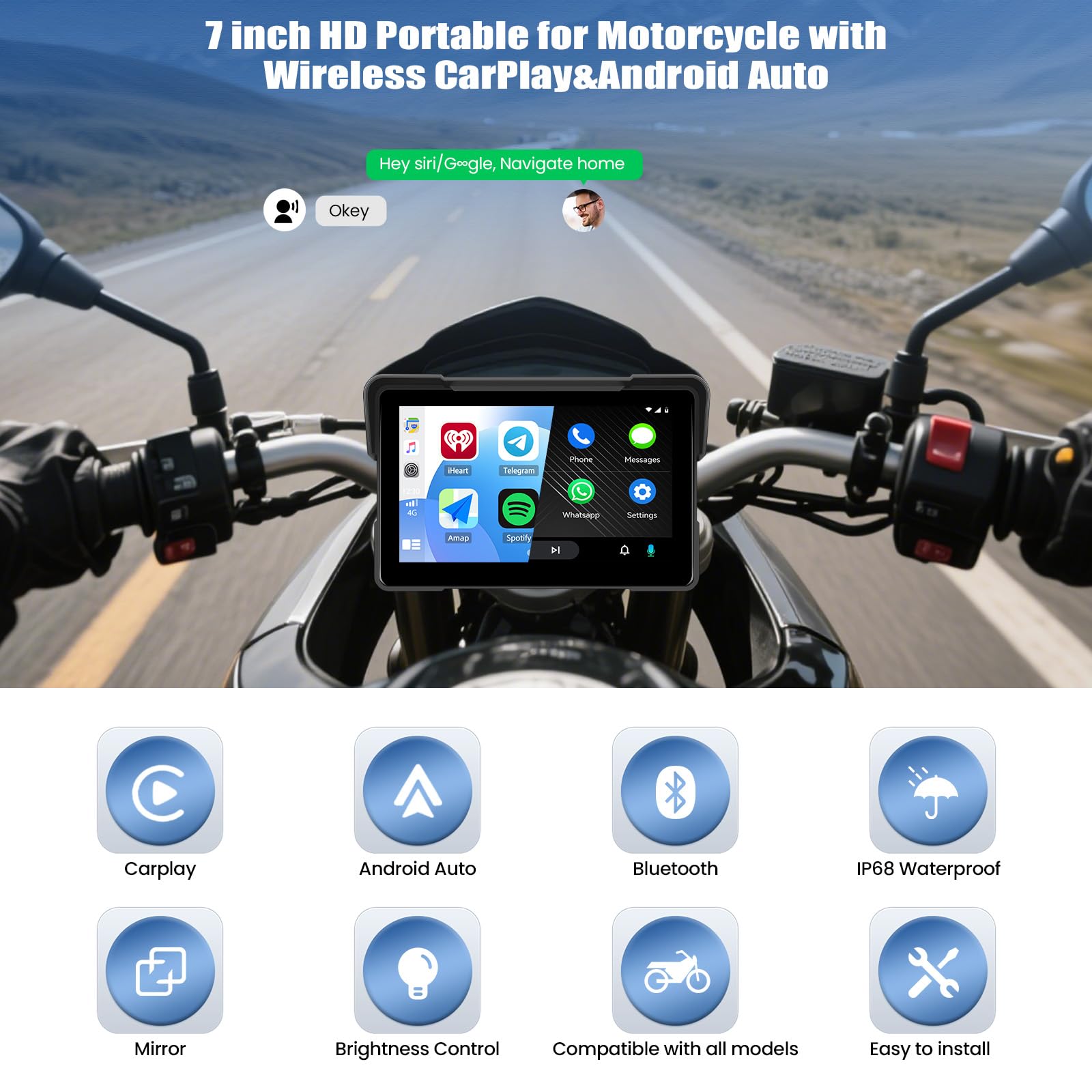 SIXWIN Pantalla Carplay Moto con inalámbrico Carplay Android Auto, 7 Pulgadas con IPx7 Impermeable Táctil Pantalla, Bluetooth, Navegación GPS, Siri y Asistente de G00gle