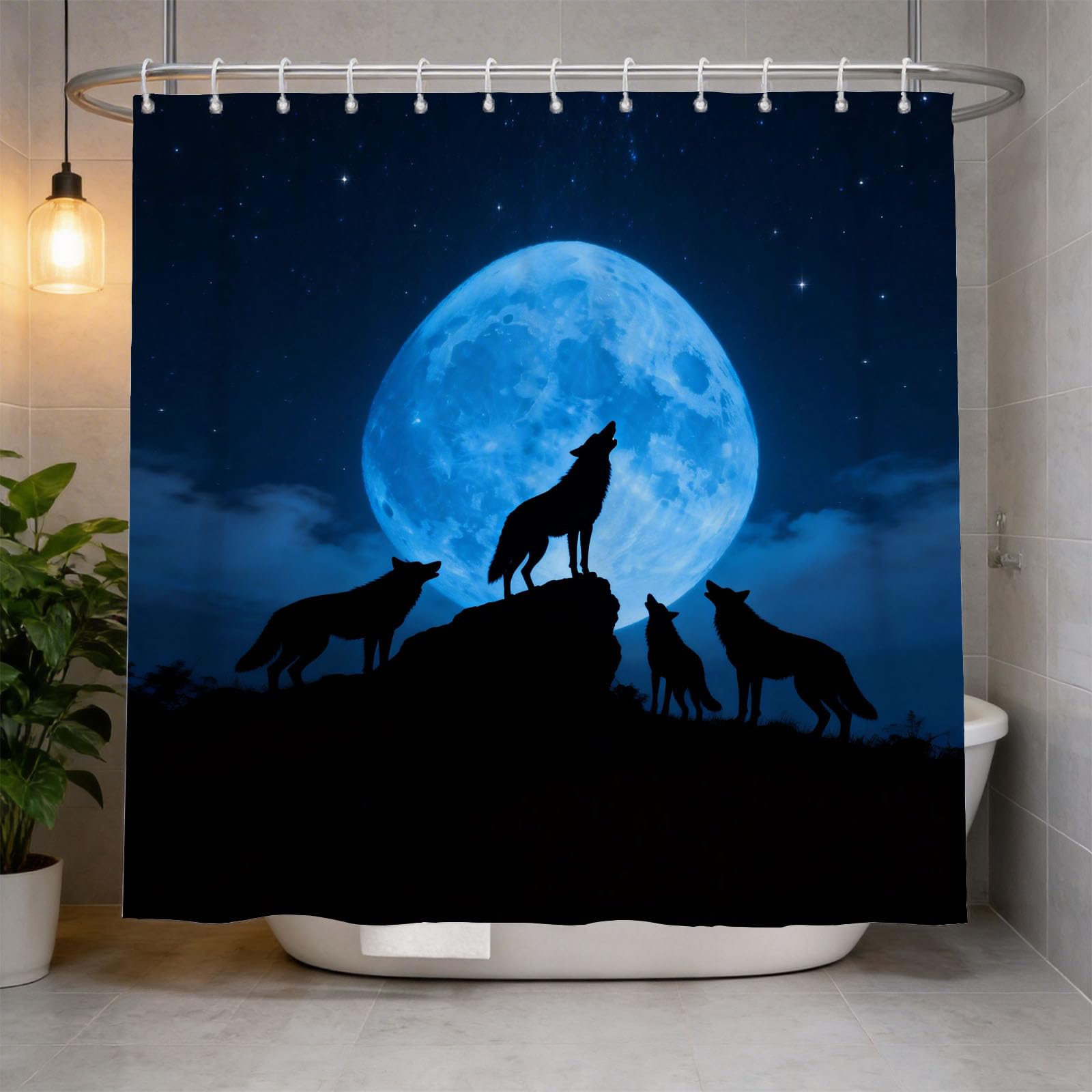 Hongduo 3D Cartoon Wolf Shower Curtain for Stalls Bathtubs Starry Sky Background Bathroom Decor Shower Curtain Set Polyester Fabric Waterproof 200x200cm/79X79 Inch with Hooks
