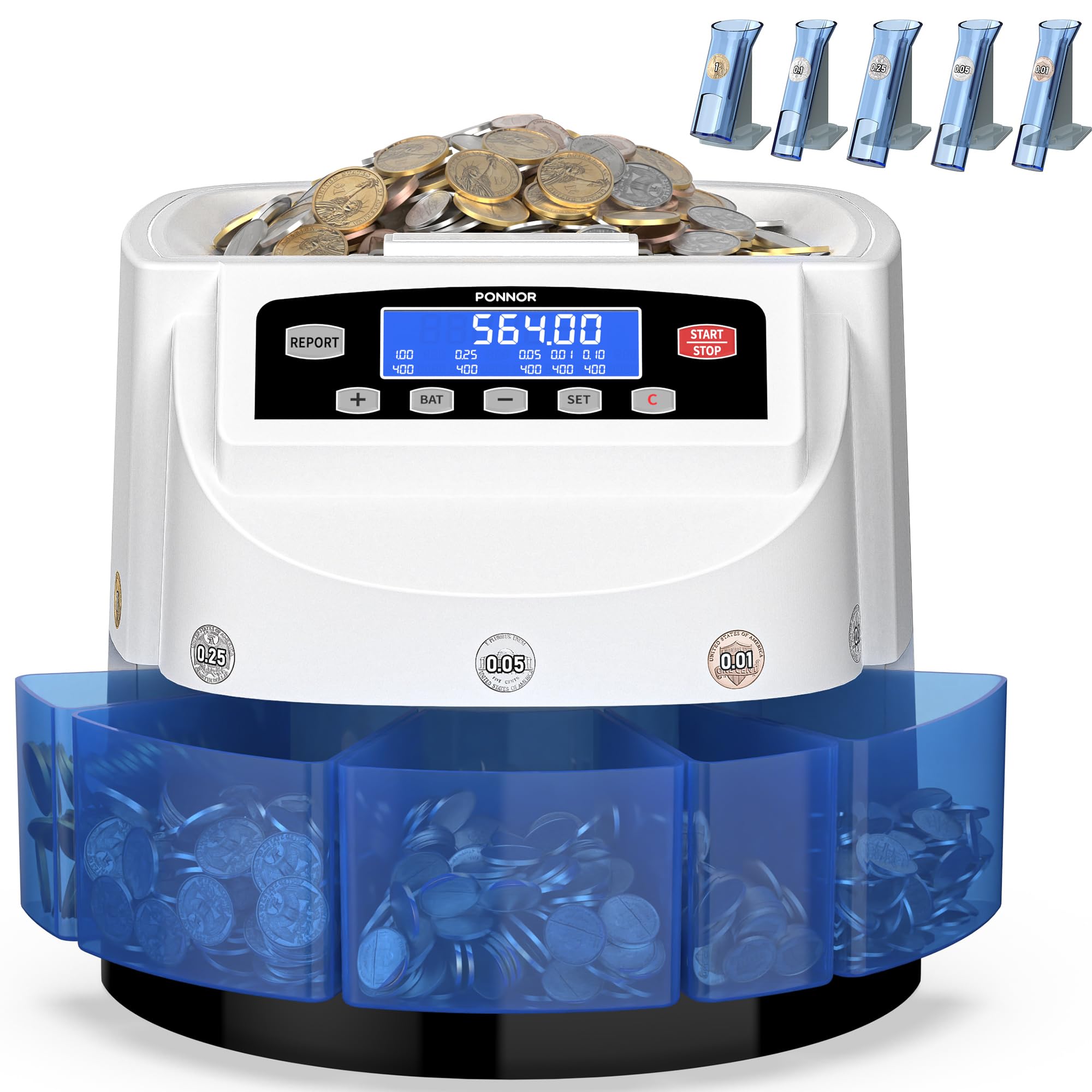 PONNOR Münzzähler, Sortierer, Wechsel- und Wickelrollen-Organizer, sortiert bis zu 300 Münzen pro Minute, automatisch, sortiert und stapelt, Weiß