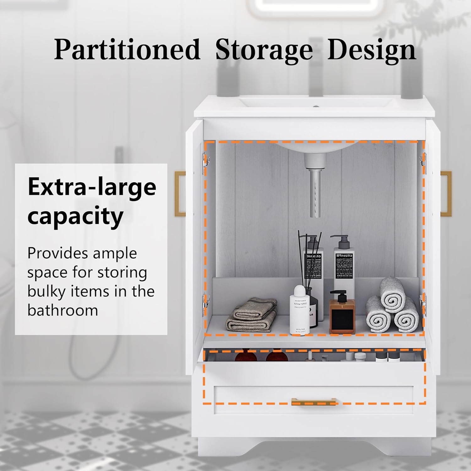 24" Bathroom Vanity with Ceramic Undermount Sink - Freestanding 2-Door & 1-Drawer Storage Cabinet, White