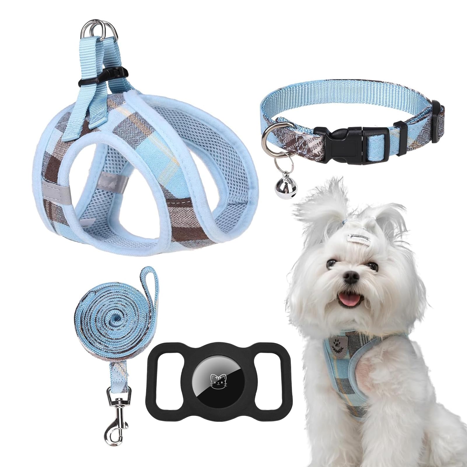 EXPAWLORER Classic Plaid Puppy Harness - Small Dog Harness and Leash Set - Dog Collar and Leash Set with AirTag Holder, Soft Padded Step in Dog Vest Harness No Pull Reflective for Outdoor, Blue M