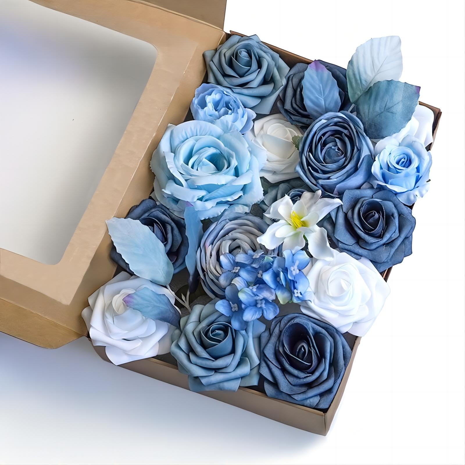 Artificial Blue Flowers Rose with Stems for Wedding Winter Home Indoor DIY Decorations, Real Touch Fake Blue White Flowers for Cake Party Baby Showers Bridal Bouquets Décor