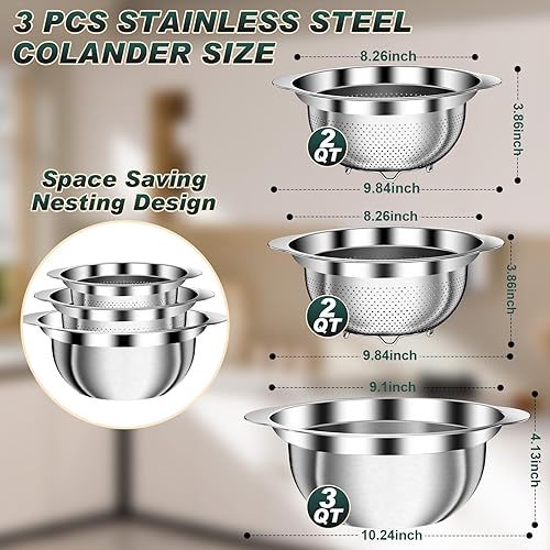 Miniatura 3 de Colador de acero inoxidable, 3 coladores para cocina, coladores y coladores, regalos de cocina, cesta coladora de alimentos con asa para lavado de