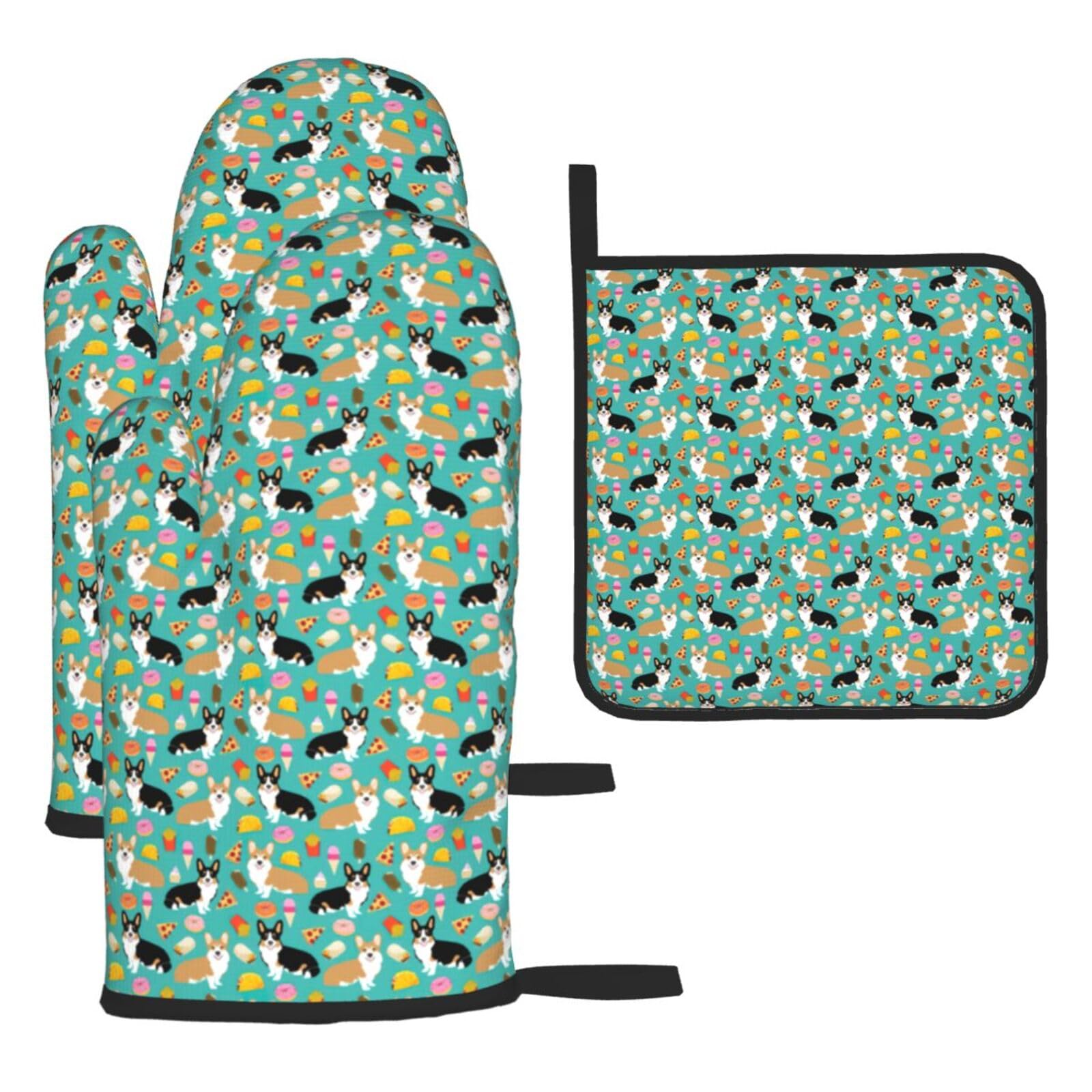 Cute Corgi Print Oven Mitts Kitchen Gloves Set Everyday Baking Grilling Microwaving Cooking Gift