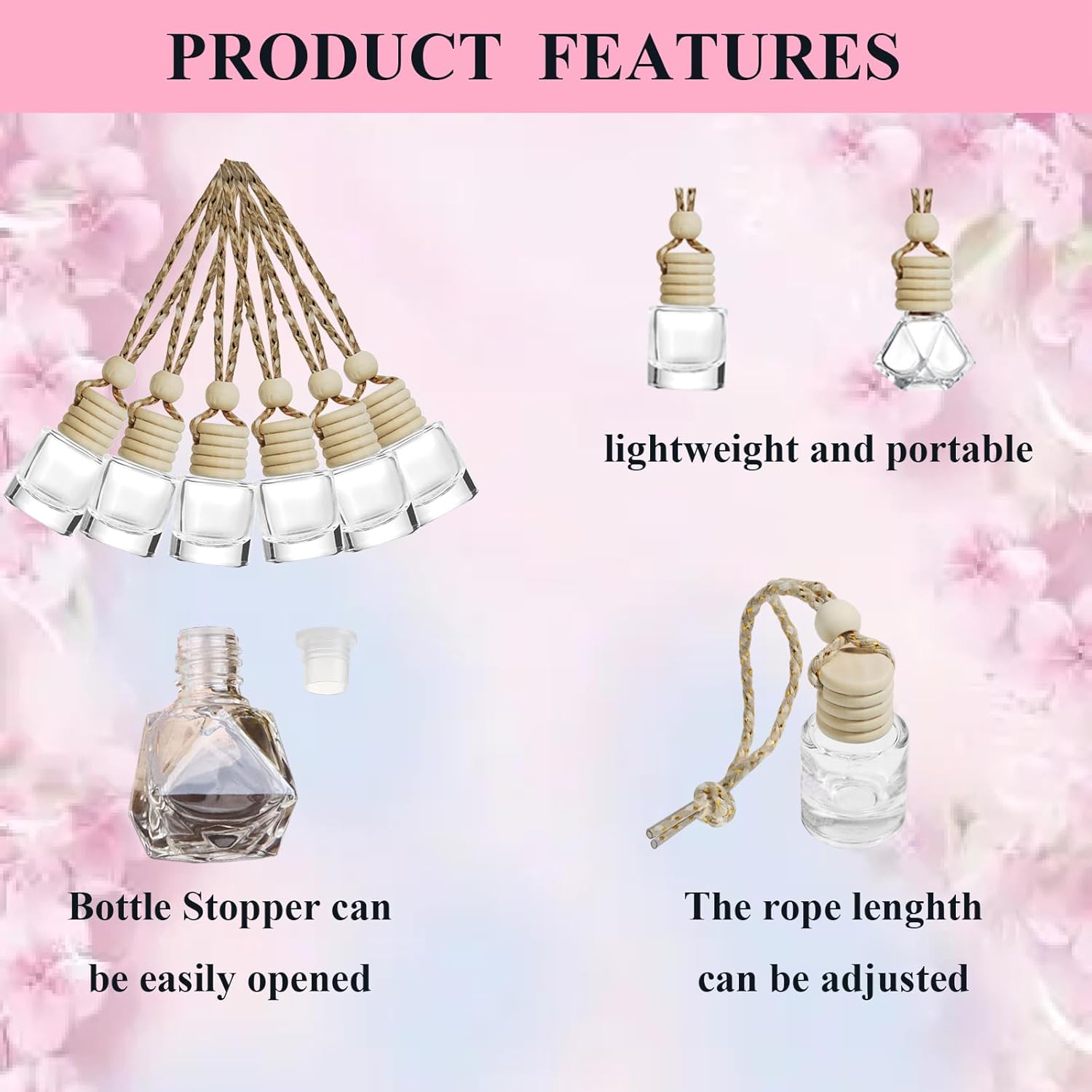 100pcs 8ml Hanging Car Air Freshener Diffuser Car Diffuser Bottles,Empty Refillable Clear Glass Essential Oil Fragrance Perfume Pendant Glass Vials with Wooden Caps Car Diffuser Air Freshener