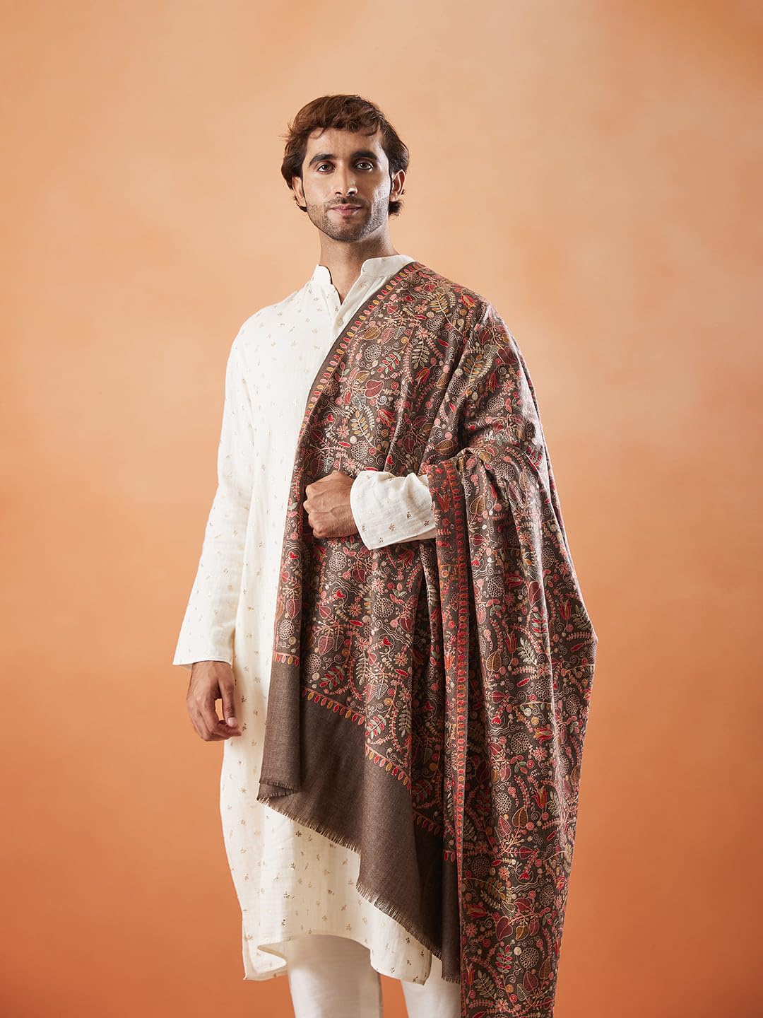 Pashmoda Sozni Męski Szalik 100% Czysta Wełna Haftowana Stuła i Owijana Tkanina Baza Dziedzictwo Pashmina Kaszmirowy Szalik Wrap Cloth (rozmiar: 40 x 80 cali, Brązowy)