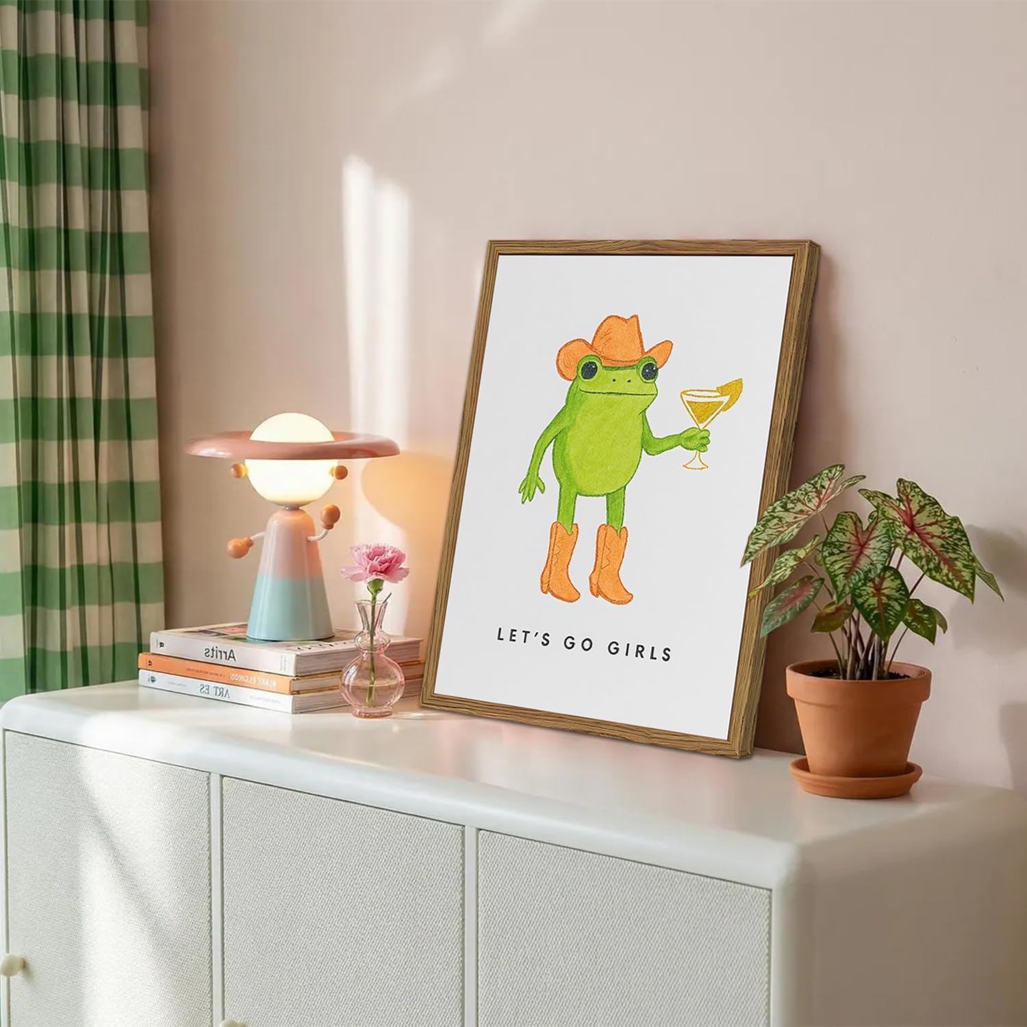 Funny Western Frog Wall Art Cute Cowgirl Frog Holding Cocktail Canvas Print Let's Go Girls Wall Decor for Home Bar Living Room Bedroom Apartment 12x16 Inch Wood Framed image 3