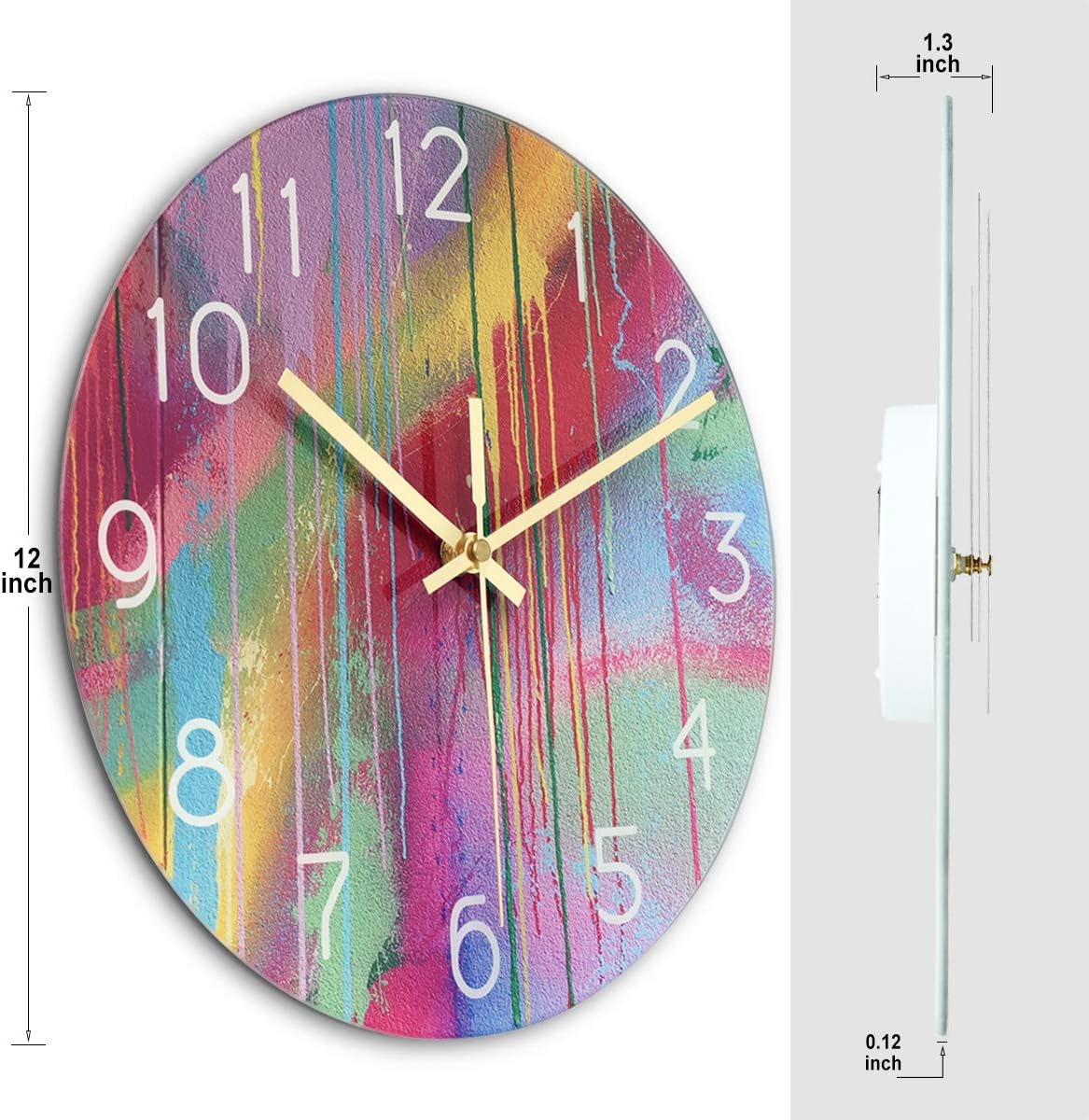 AROMUSTIME 12 Inch Tempered Glass Wall Clock Colourful Paint Silent Non-Ticking Battery Operated Modern Wall Clock for Home/Office Decor
