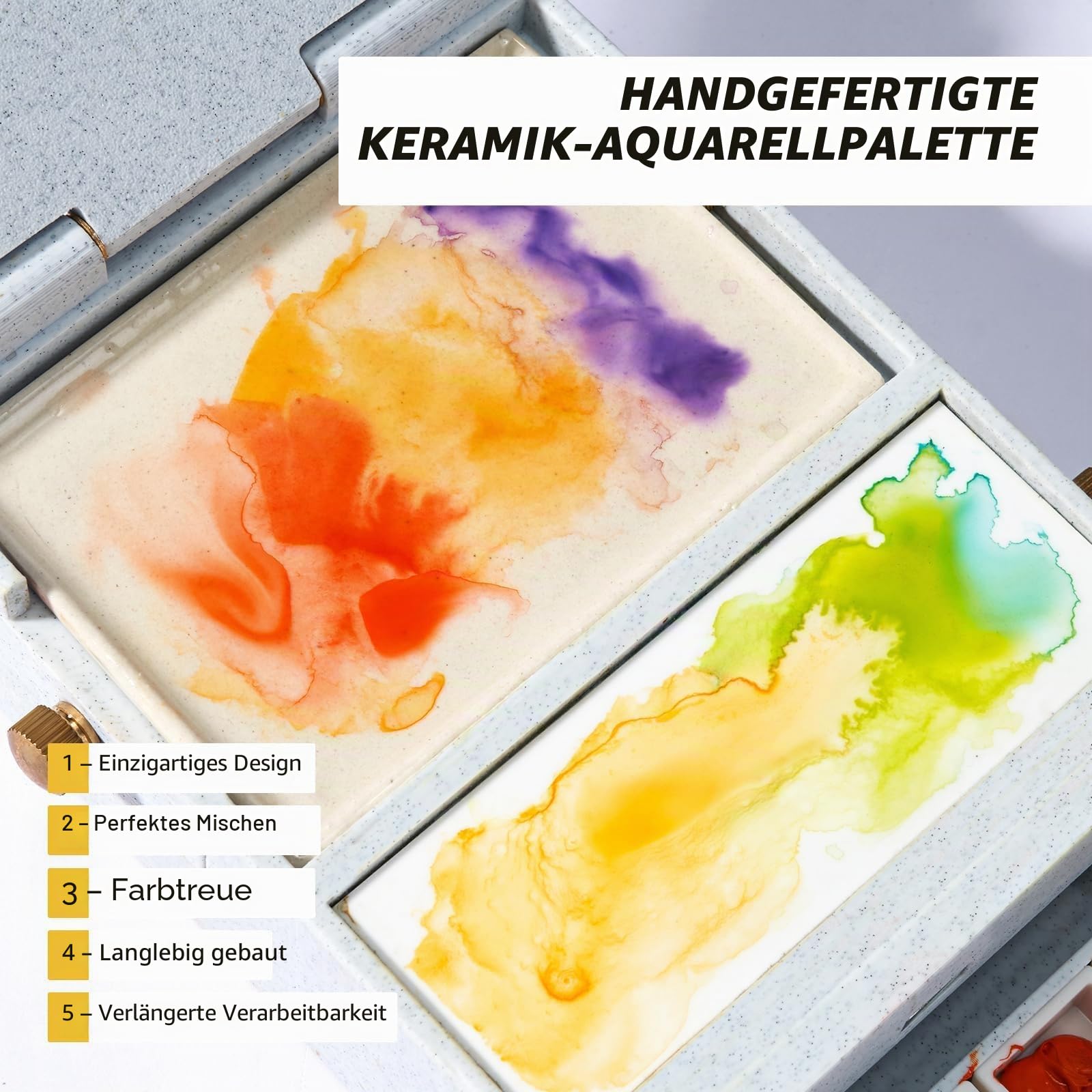 LIGHTWISH Reise-Wasserfarben-Palette-Box, ultra-tragbares All-in-One Set, 2 Keramik-Mischpaletten, 24 entfernbare Farbkammern, universelle Halterungsschnittstelle, Plein-Aire-Set