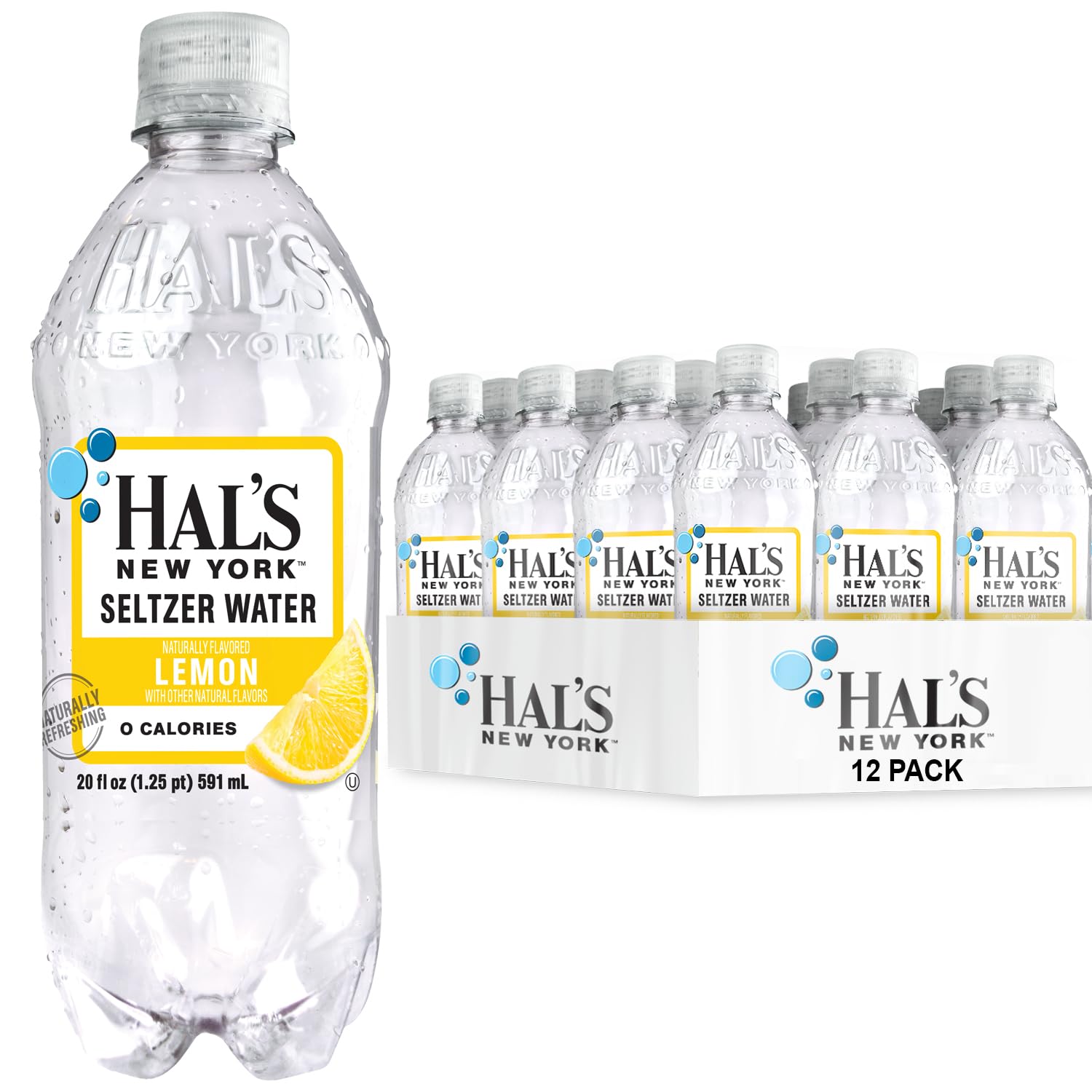Hal's New York Seltzer Water, Lemon Sparkling Water, 20 Fl Oz Bottles (Pack of 12)