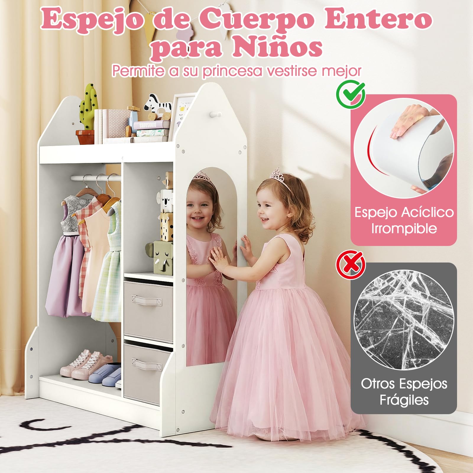 COSTWAY Armario de Almacenamiento Infantil con Espejo Acrílico y Perchero, Blanco