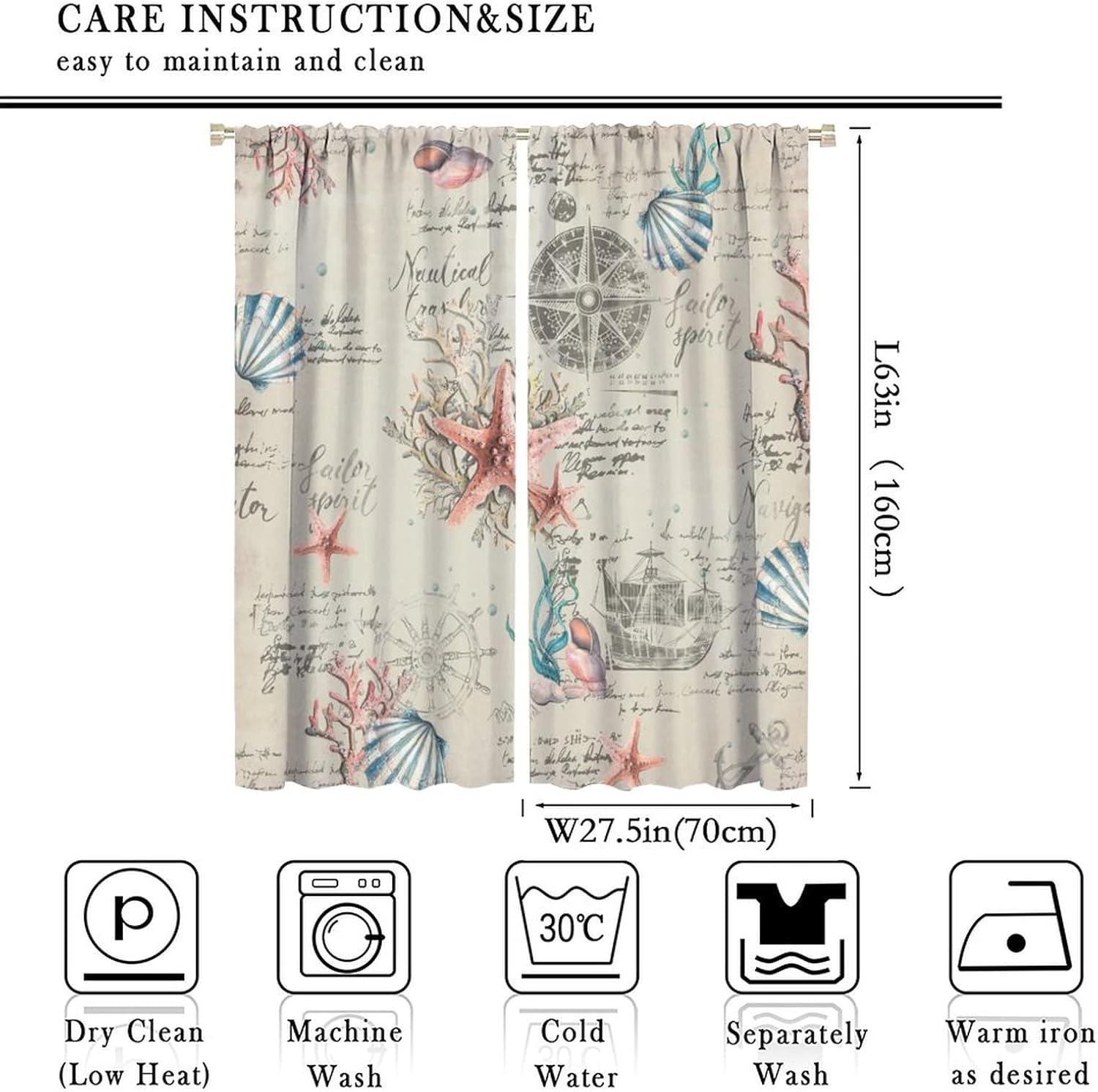 Vintage Nautical Coastal Rod Pocket Blackout Curtains - Watercolor Beach Nautical Theme Starfish Seashell Coral Window Treatment Set Energy Saving Thermal Insulated Drapes 2 Panels 63L x 27.5W