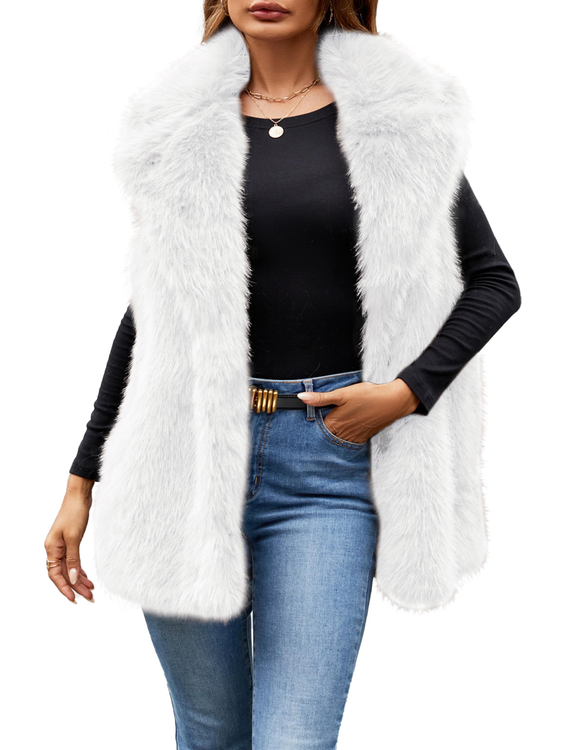 Simplee Women's Faux Fur Vest Coat Sleeveless Furry Jacket