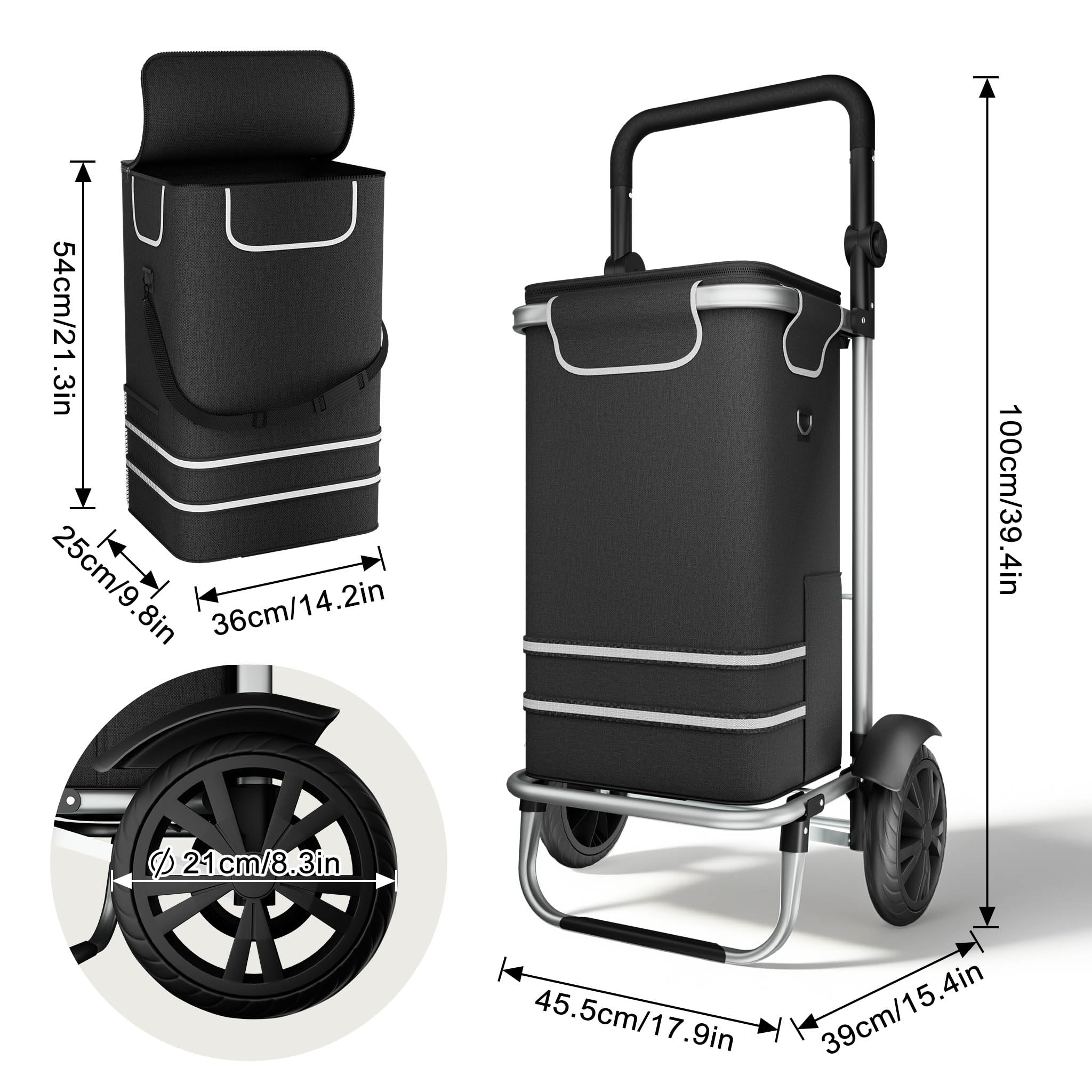 NAIZY Wózek na zakupy, składany, 56 l, z aluminium, do wchodzenia po schodach, nowoczesny wózek na zakupy z torbą Oxford 600D, wózek na zakupy dla seniorów, w podróży, do kampera (czarny)