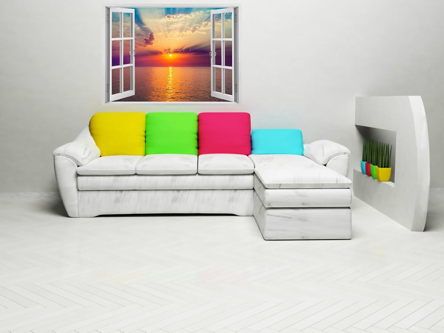 Mi Alma Huge 3D Vinyl Wall Decal Decal, White Window Frame Style Home Décor Art Removable Wall Decal, 33.5"x 45" (Pastoralic Seascape Sunset View W59)