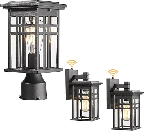 HWH - Lámpara de poste industrial, linterna de pared exterior con sensor de atardecer a amanecer, negro mate con pantalla de vidrio transparente,