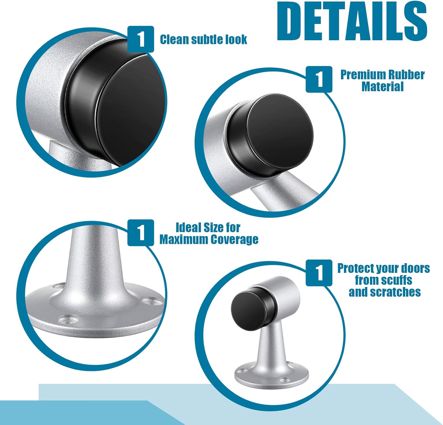 Yaocom 4 Pack Heavy Duty Floor Mounted Door Stop 3 in Aluminum Commercial Grade Door Stopper with Rubber Bumper & Stainless Steel Screws (Sliver)