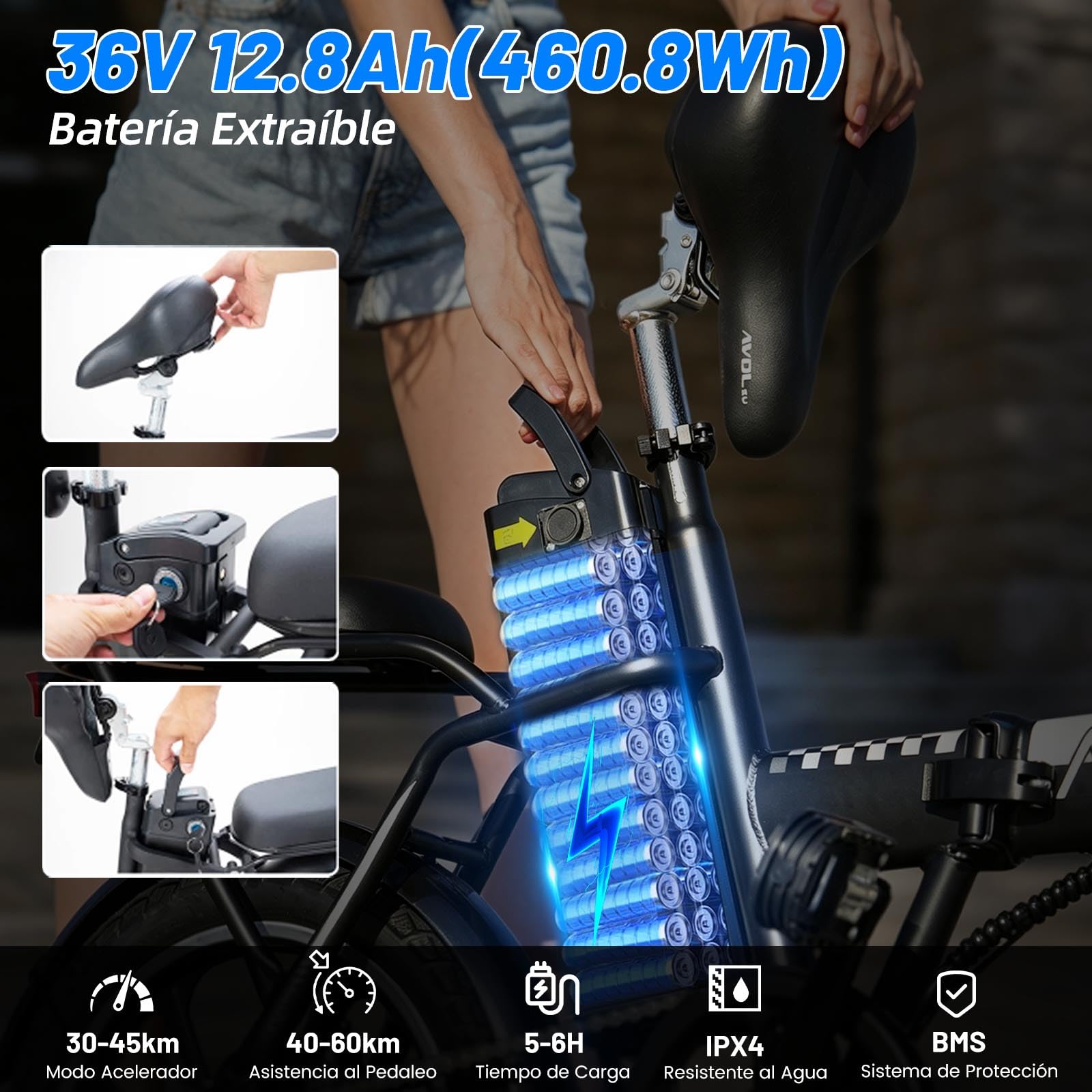 16" Vélo Électrique Pliable Adulte Autonomie 30-50km,Batterie 36V 12.8Ah，250W Vélo électrique 3 Vitesses,Double Frein à Disque,IPX4,VAE Urbain et Loisirs Ebike Unisexe,120KG Load