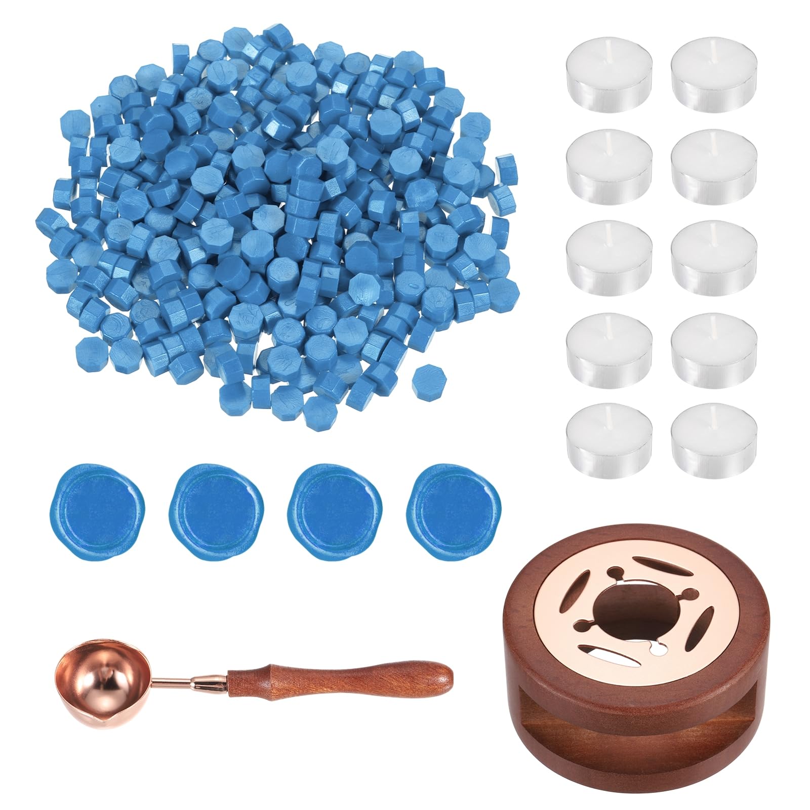 PATIKIL Wax Seal Kit, 300 Pcs Wax Sealing Beads, Wooden Warmer, Melted Spoon, 10 Pcs Tealight Candles for Envelope Letter Mailing Crafts DIY, Sky Blue