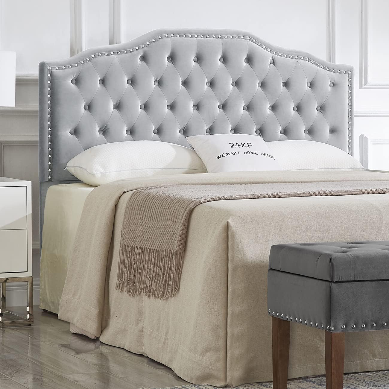 24KF Upholstered Button Tufted Queen/Full Size Headboard with Nailhead Trim, Soft Velvet Fabric Headboard - Gray Queen/Full - Velvet Fabric Gray Velvet - Queen Headboard
