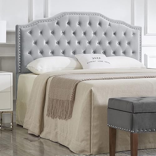 24KF Cabecera capitonada tapizada con botones y ribete de cabeza de clavos, cabecera de tela de terciopelo suave, tamaño QueenMatrimonial, color