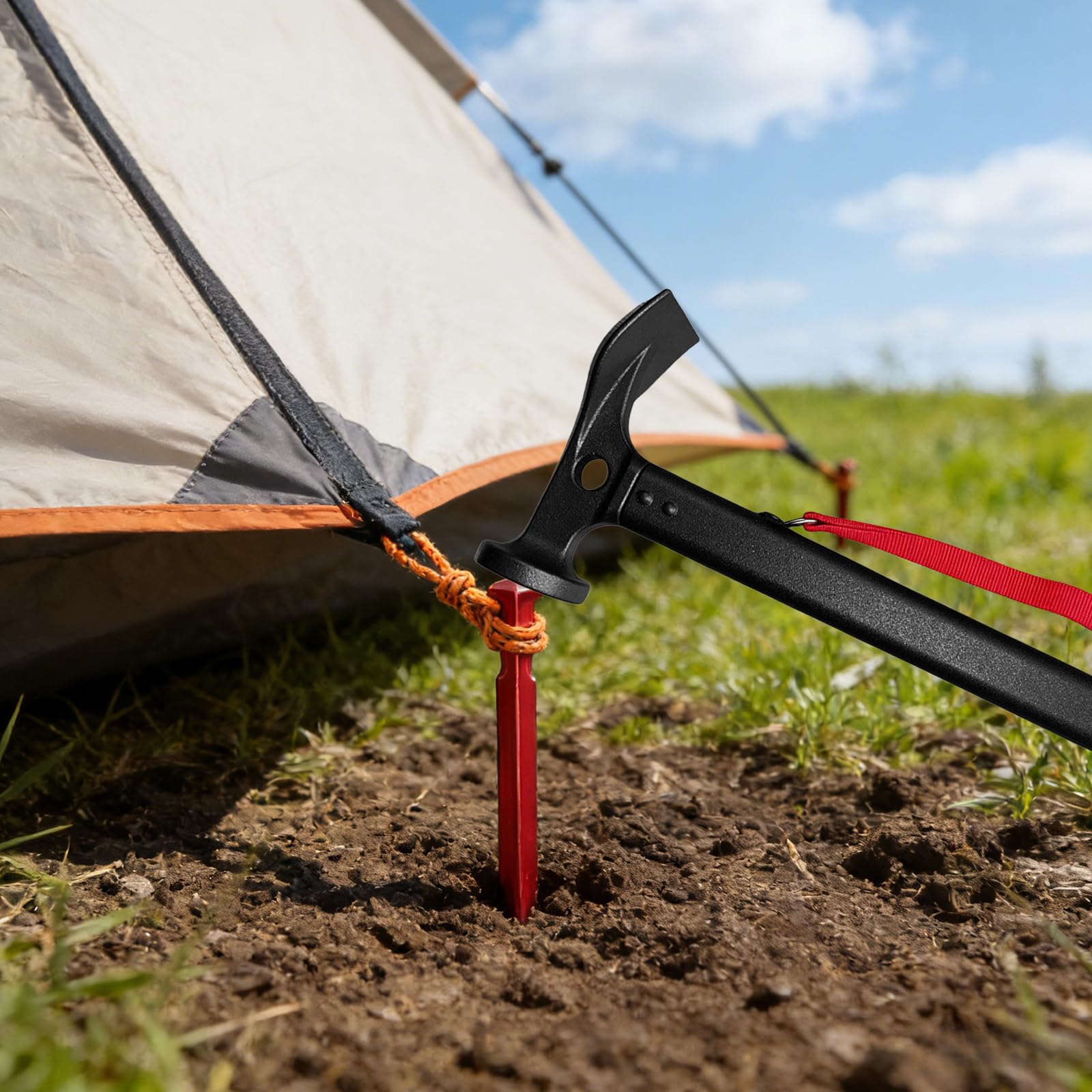 Marteaux de camping avec 10 piquets de tente : marteau de camping en aluminium robuste, facile à transporter, marteau de tente multifonctionnel, sac de rangement, pour le camping en plein