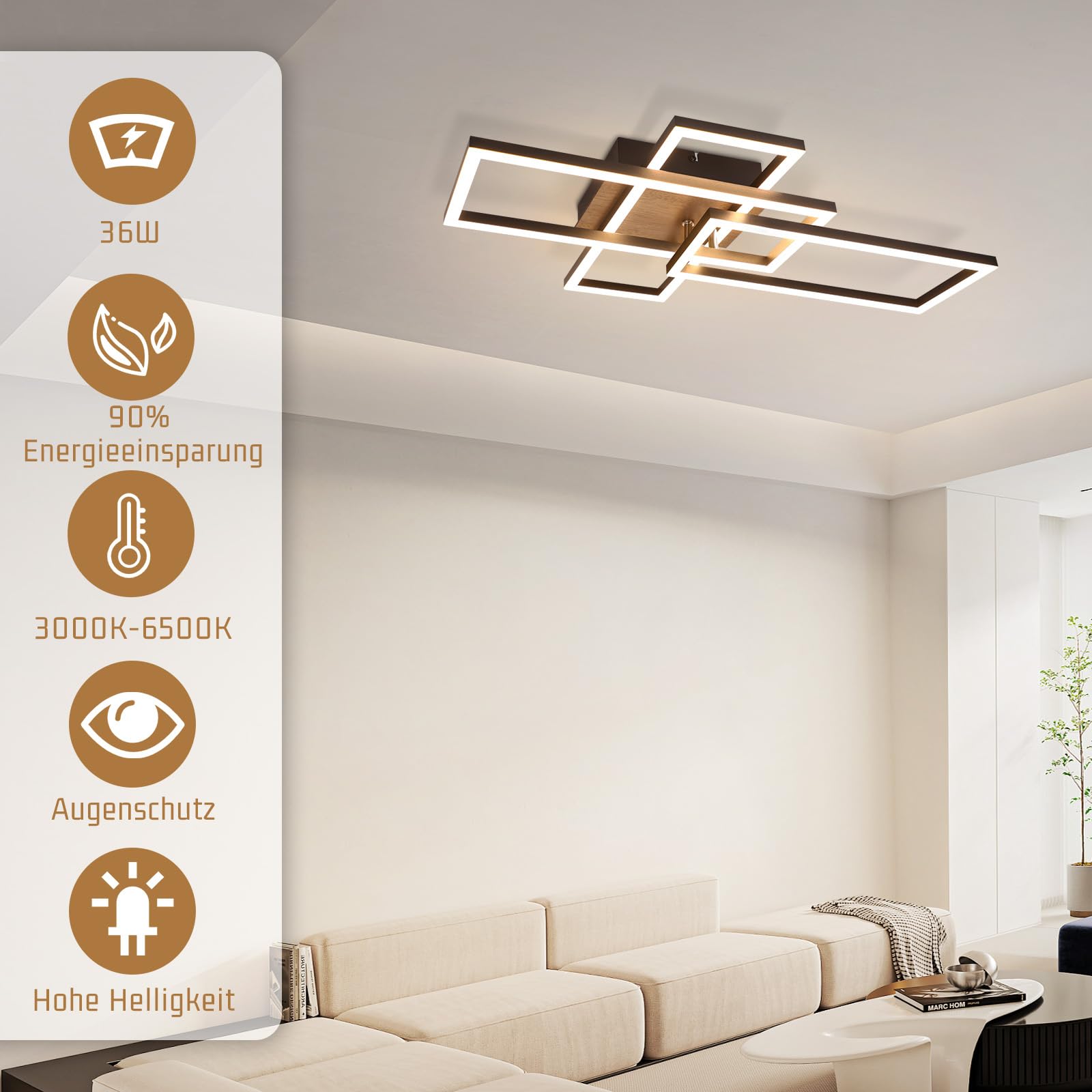 CBJKTX LED Deckenleuchte Wohnzimmer Deckenlampe Dimmbar mit Fernbedienung | Wohnzimmerlampe Holz Schwarz Modern Schlafzimmerlampe aus Metall Küchenlampe für Schlafzimmer Esszimmer Arbeitszimmer