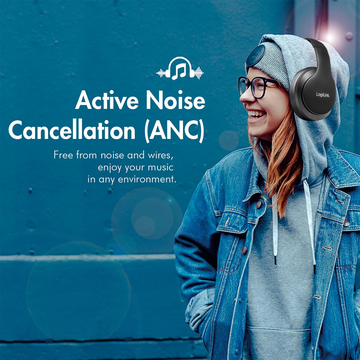 LogiLink BT0053 Casque Audio Bluetooth V5.0 avec réduction Active du Bruit et boîte de Transport