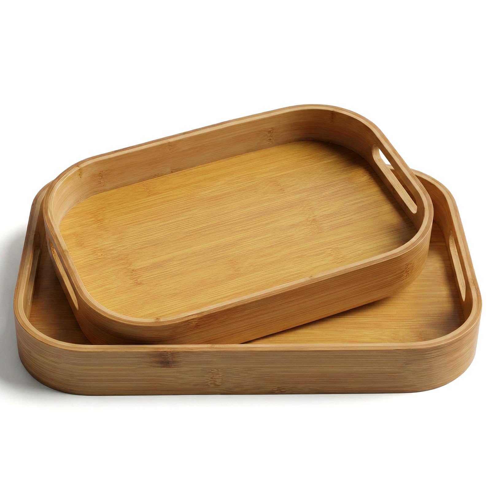 2-Pack Bamboo Serving Trays with Handles (16" & 13") — Large Solid Wood Breakfast
