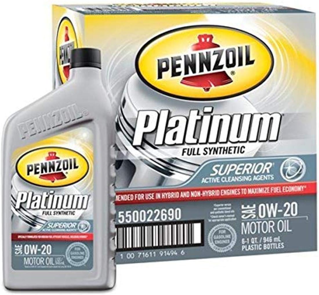 Pennzoil 550022690-6PK Platinum 0W-20 Full Synthetic Motor Oil - 1 Quart (Pack of 6) (Obsolete)