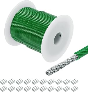 sourcing map Cuerda de alambre de 60 m, cable de acero inoxidable 304 de 5/64 pulgadas (2 mm) recubierto de vinilo con 20 fundas de aluminio para colgar, tendederos de ropa, levantar color verde