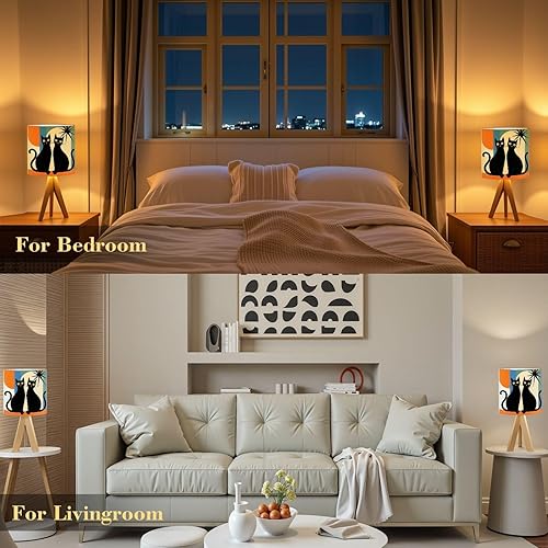 Miniatura 8 de Tripod Table Lamp Mid Century Modern Black Cat Retro Atomic Halloween Bedside Lamps Small Lamp Nightstand Lamp with Linen Lampshade Table Lamps for