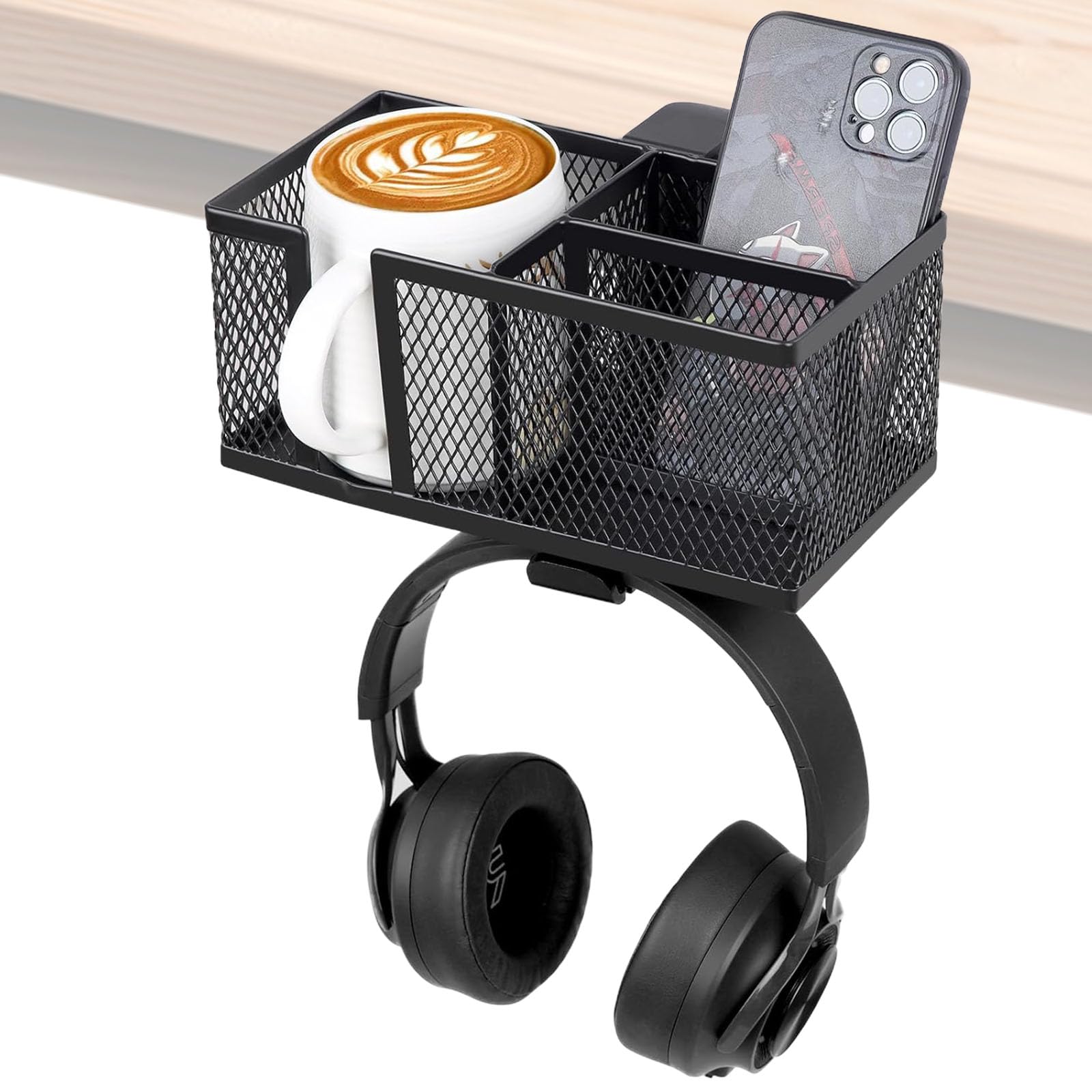 Supporto 4 in 1 per Tazze da scrivania con Cuffie sotto la scrivania Supporto per Cuffie Girevole Supporto per Cuffie Rimovibile Tazza Organizer per Penne Tazza per Telefono cellul