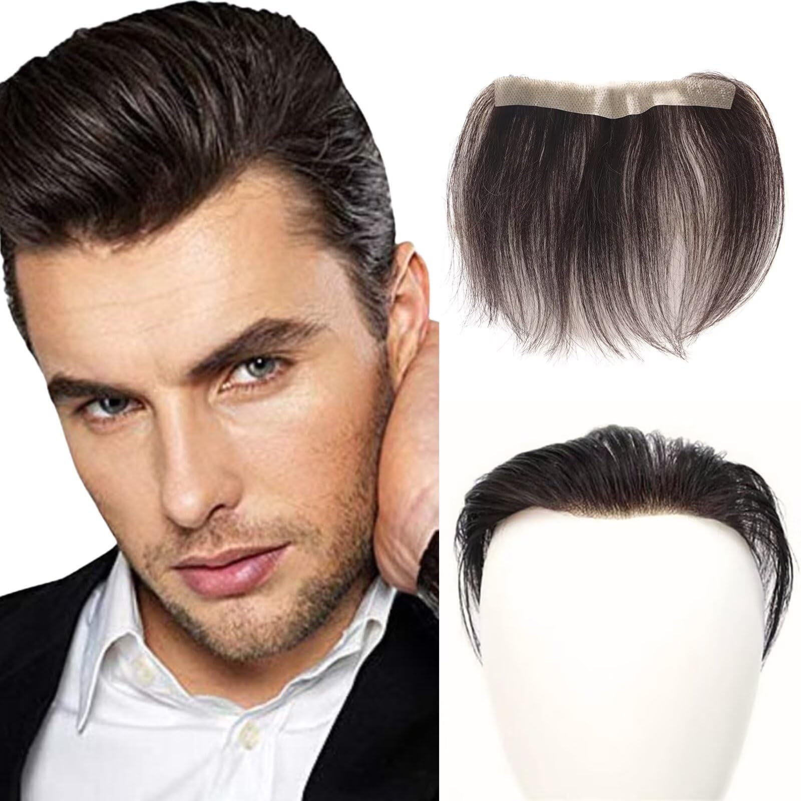 Parrucca frontale per uomo, con attaccatura dei capelli sulla fronte, toupet con anello a M in PU skin, toupet per attaccatura dei capelli naturale, nero 1,5x16 cm
