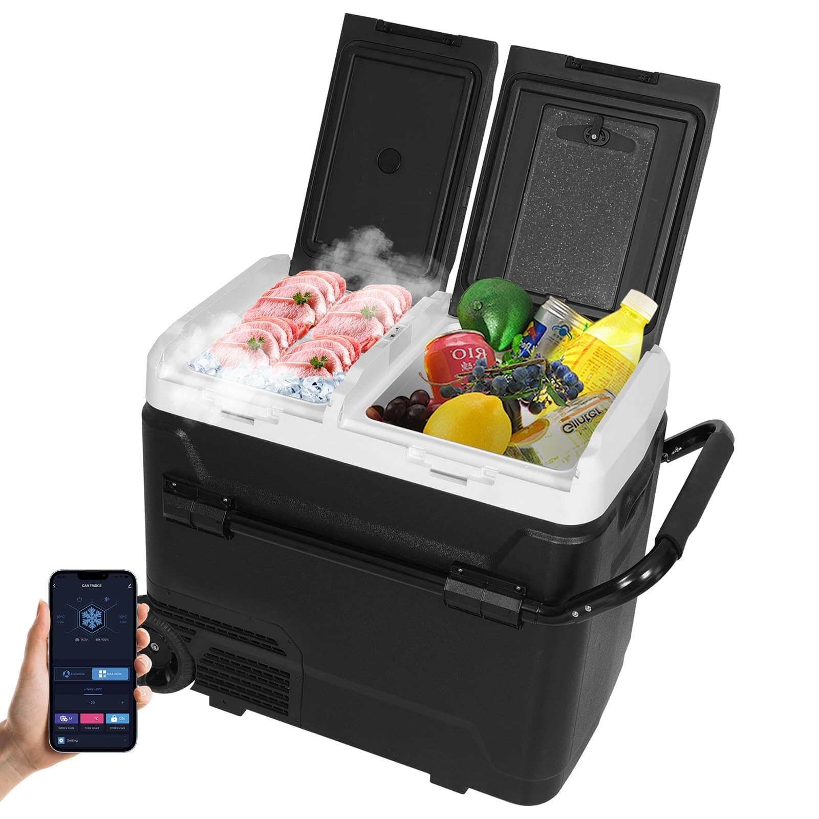 Frigo Auto 60L, Frigo da Campeggio Doppia Zona con Controllo App, 12V/220V, con Maniglia telescopica per Auto, Camion, Camper, Barca, Fino a -20 °C
