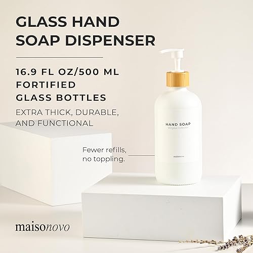 Miniatura 2 de MaisoNovo Dispensador de jabón de manos de vidrio  Dispensador de jabón para platos para cocina  Botellas blancas de 16.9 onzas con bomba de bambú