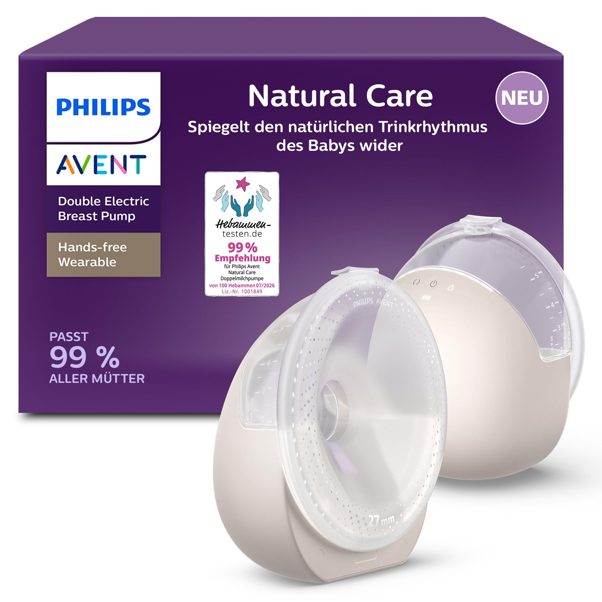 Philips Avent Natural Care Hands-free tragbare elektrische Doppelmilchpumpe – spiegelt den Trinkrhythmus des Babys wider, SkinSense Brustkissen für ultimativen Komfort, Krankenhausqualität, SCF495/11