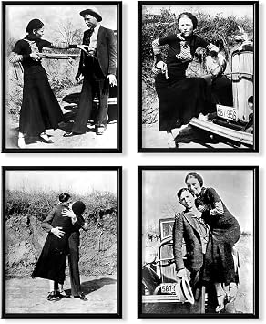Bonnie and Clyde Pictures for Wall - Vintage Gangster Posters Wall Decor - Historic Outlaw Mobster Photo Wall Art - Gift for Prohibition History Fans - Saloon Mafia Wild Western Print for Garage Bar