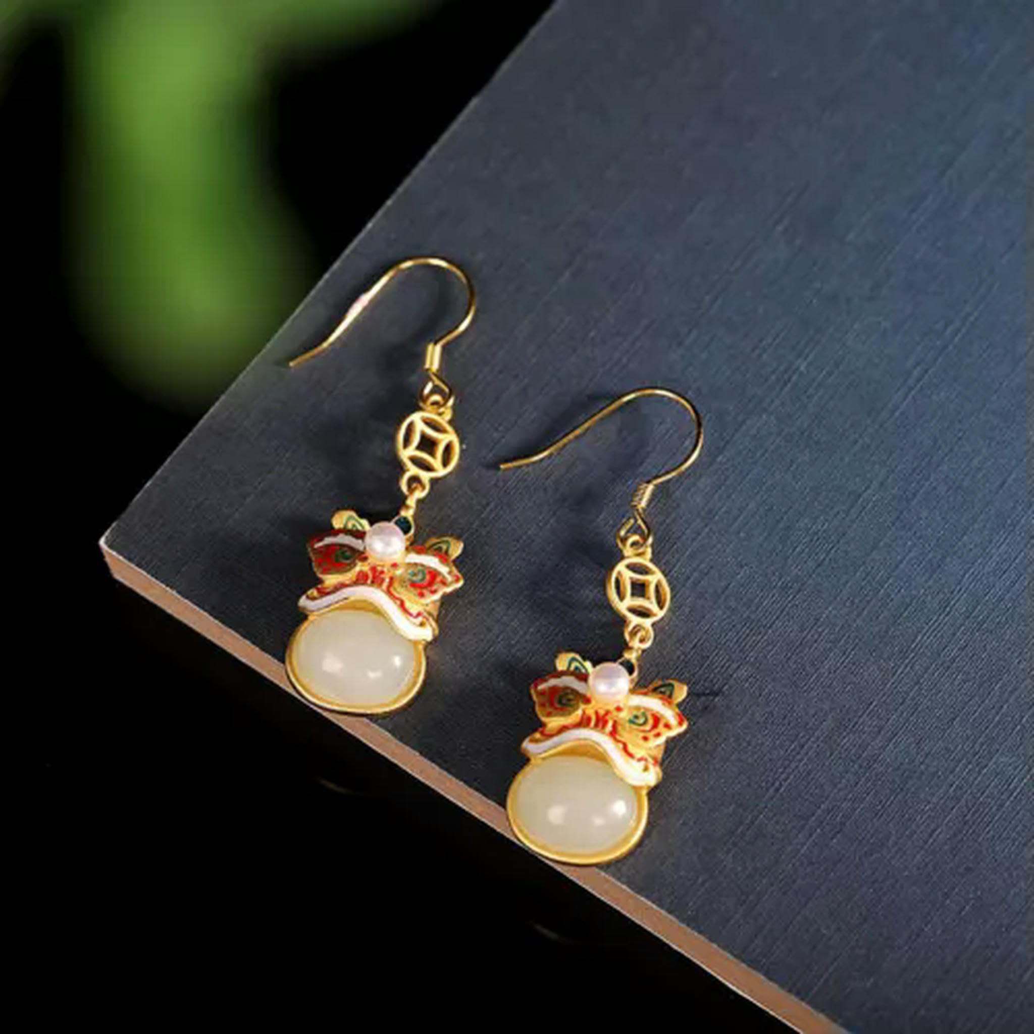 1PC 925 Argento Naturale Giada Moneta Smalto Leone Pendente Orecchino da Donna