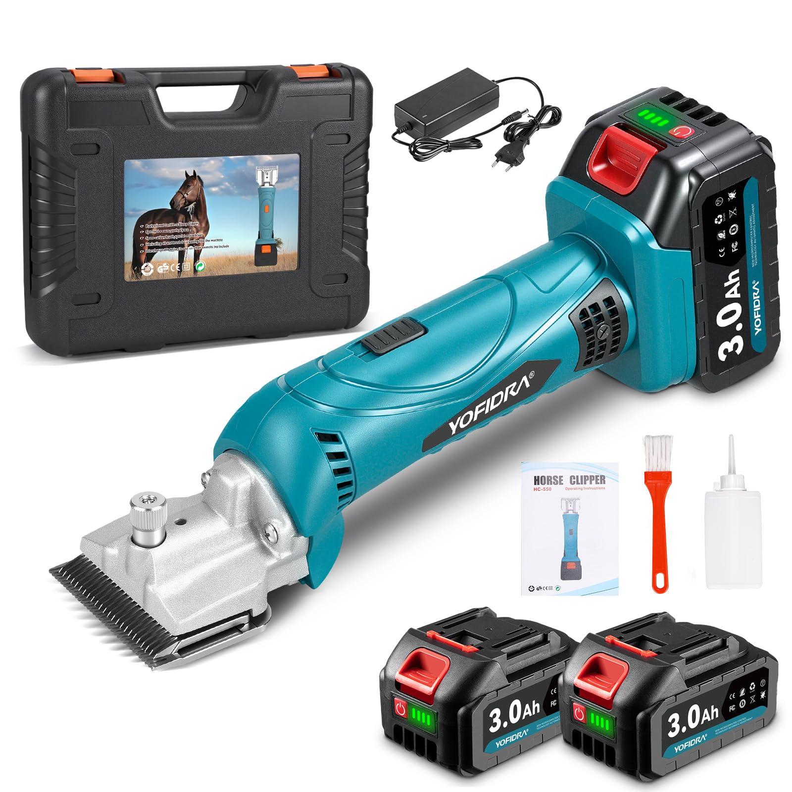 Yofidra Tondeuse à Chevaux Sans Fil, 600W, 2800 tr/min, avec 2 Batteries 3000 mAh, 6 Vitesses, Tondeuse Professionnelle pour Chevaux Épais et Emmêlés