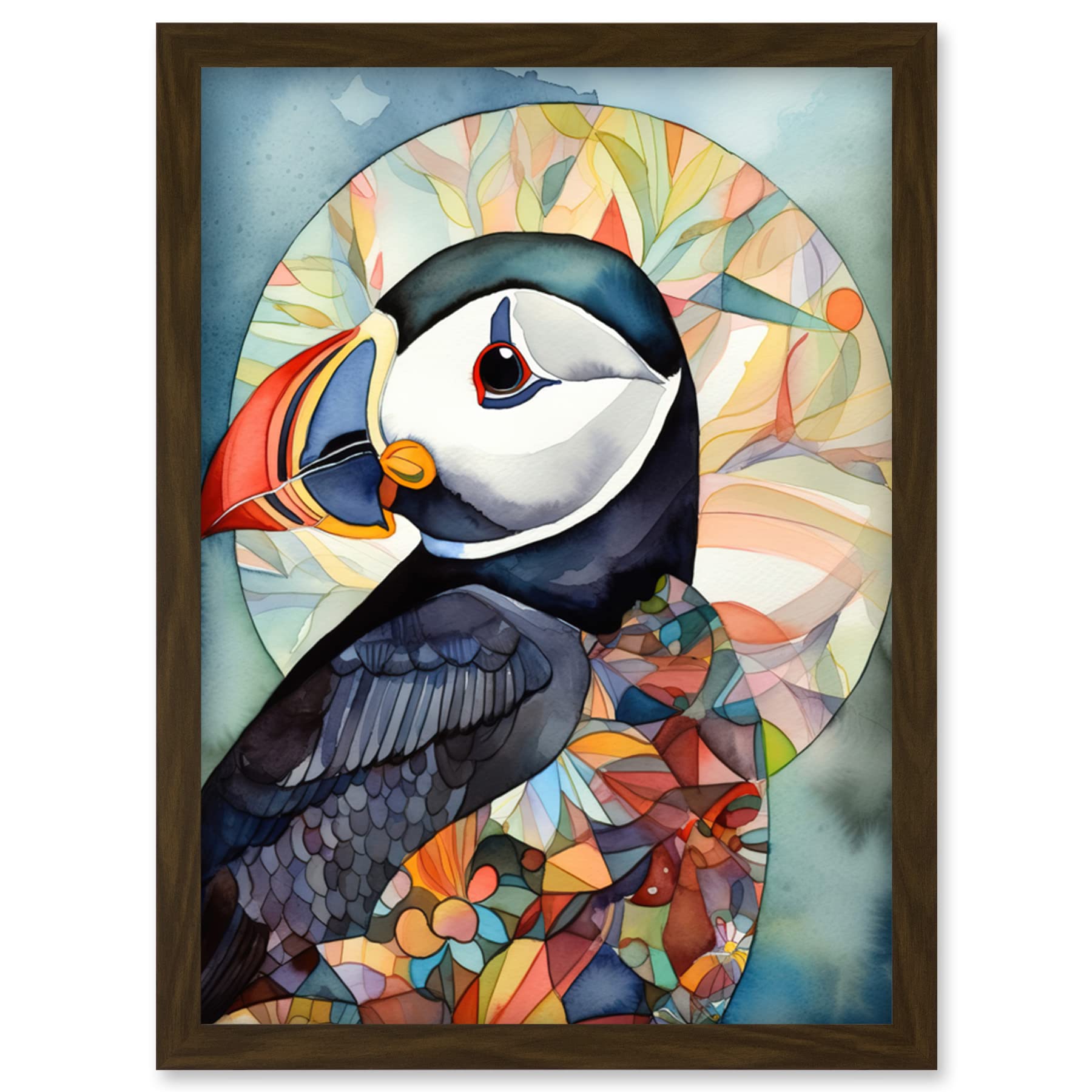 Artery8 Puffin Bird Portrait Folk Art Artwork Framed Wall Art Print A4
