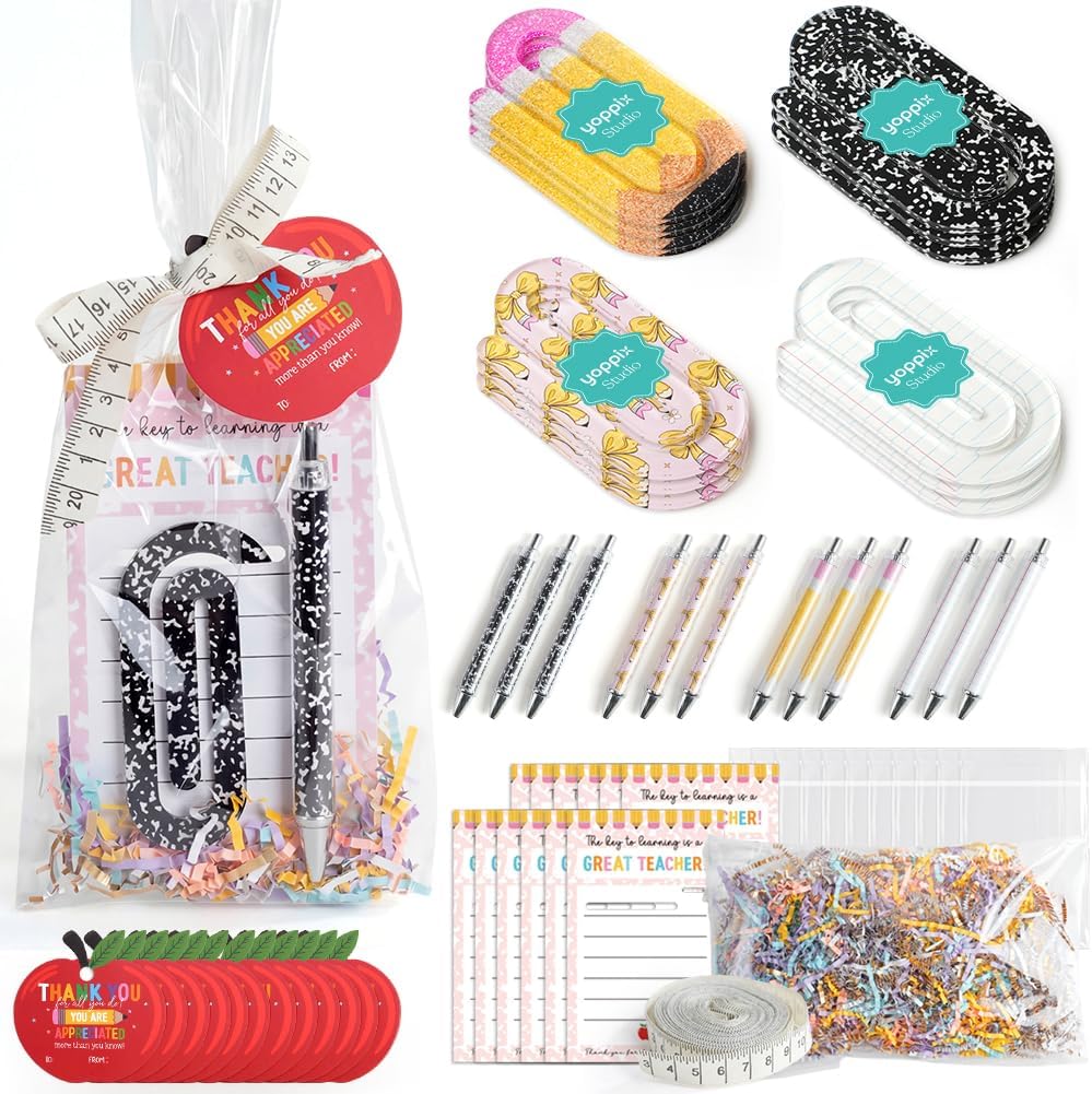 YOPPIX 12 Set Teacher Appreciation Gifts - Ballpoint Pens with Acrylic Paper Clips Bookmarks, Display Cards & Gift Bags, Thank You Set for Teacher Appreciation Week Back to School