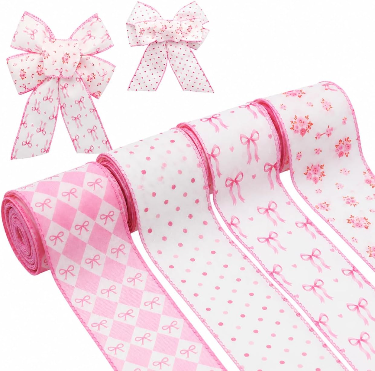 4 Rolls Pink Bow Ribbon Set, 2.5 Inch x 5 Yards Wired Craft Ribbon for Baby Girl Shower, Bridal Shower, Gift Wrapping, Wreath Bows, Birthday Party Decor